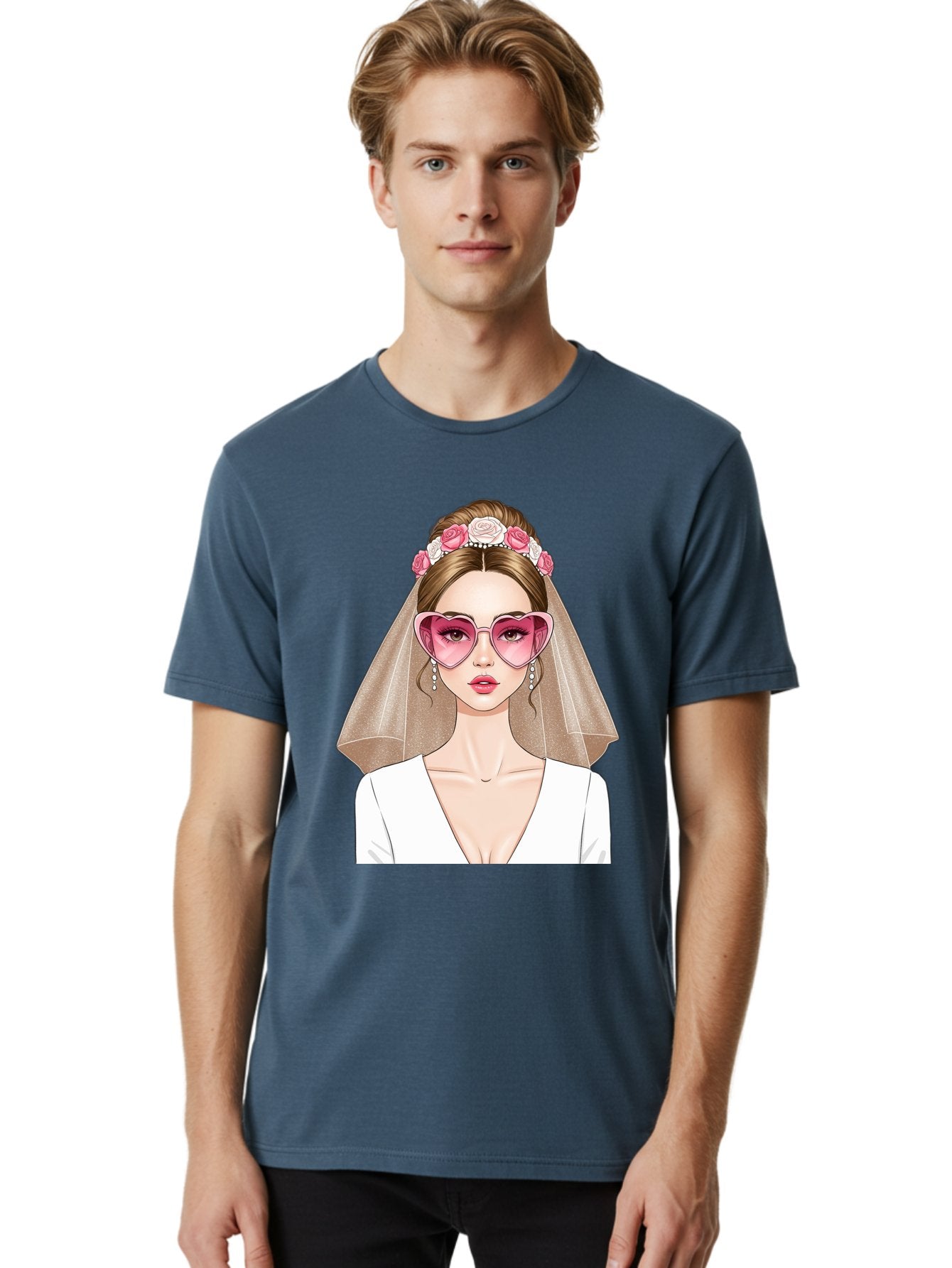 Bride-Fashion Men'S Graphic Tee, 100% Cotton, Comfortable Casual Summer Wear, Machine Washable, Bride With Veil, Heart-Shaped Sunglasses, Floral Hairpiece, White Wedding Dress, Stylish Accessories, Fashionable Wedding Attire, Chic Bridal Look, Baa223 24