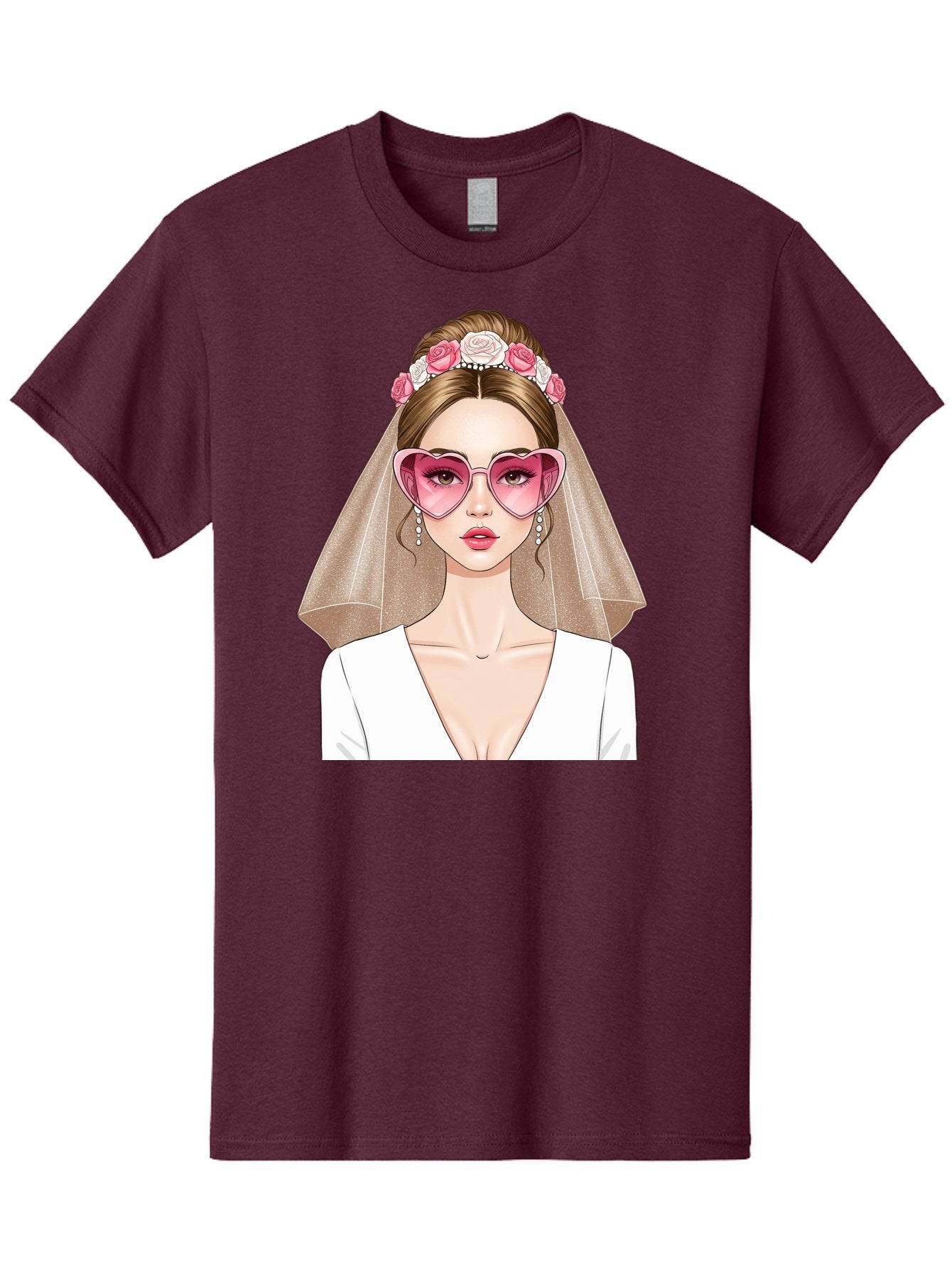 Bride-Fashion Men'S Graphic Tee, 100% Cotton, Comfortable Casual Summer Wear, Machine Washable, Bride With Veil, Heart-Shaped Sunglasses, Floral Hairpiece, White Wedding Dress, Stylish Accessories, Fashionable Wedding Attire, Chic Bridal Look, Baa223 5