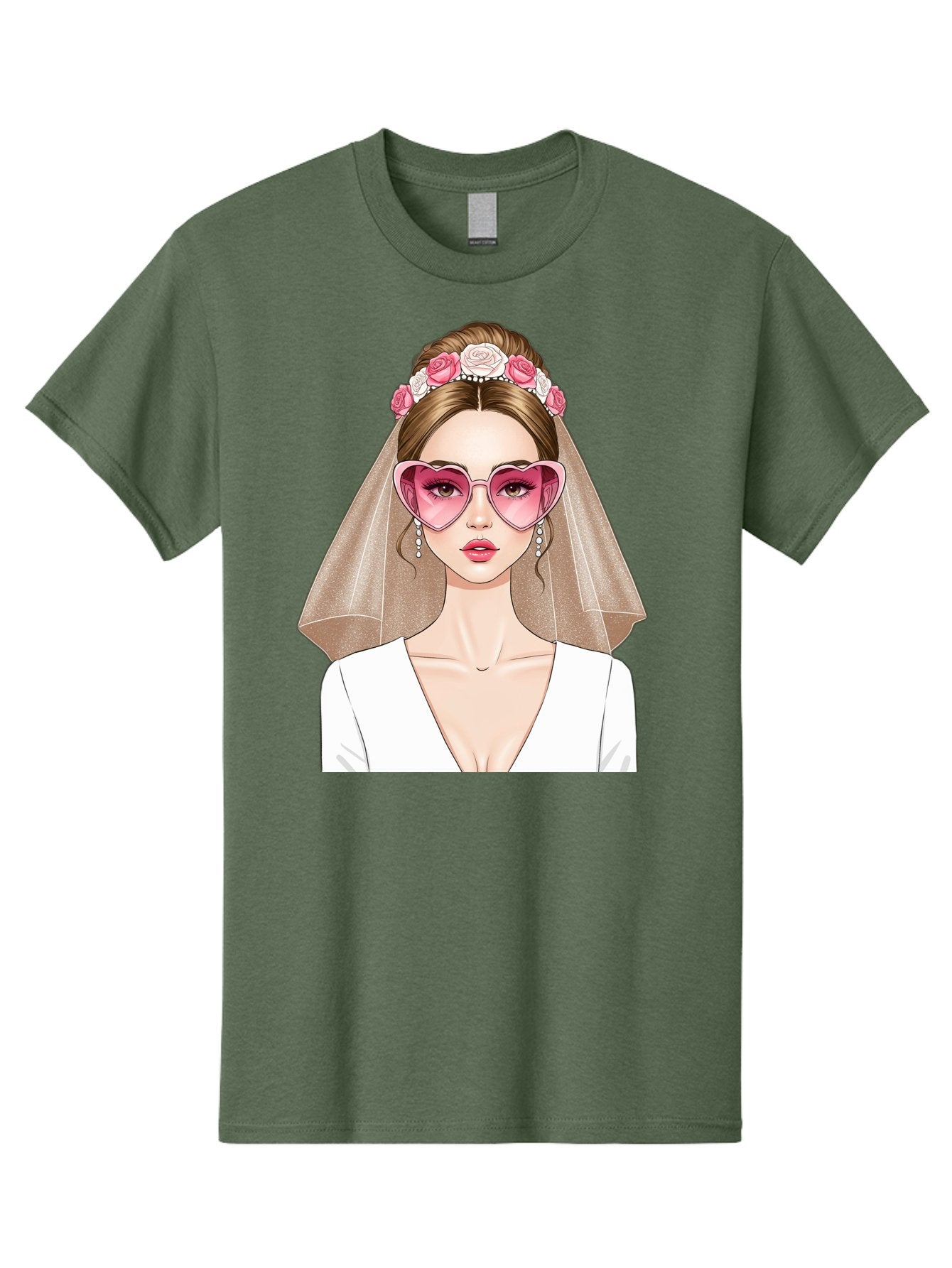 Bride-Fashion Men'S Graphic Tee, 100% Cotton, Comfortable Casual Summer Wear, Machine Washable, Bride With Veil, Heart-Shaped Sunglasses, Floral Hairpiece, White Wedding Dress, Stylish Accessories, Fashionable Wedding Attire, Chic Bridal Look, Baa223 11
