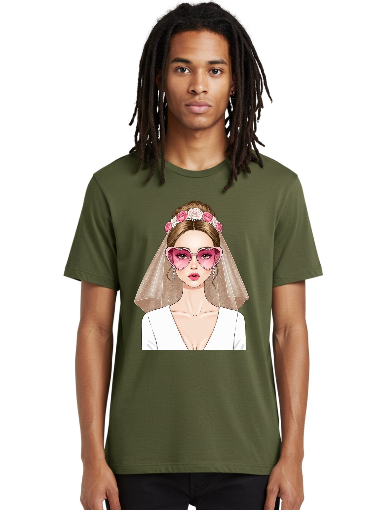 Bride-Fashion Men'S Graphic Tee, 100% Cotton, Comfortable Casual Summer Wear, Machine Washable, Bride With Veil, Heart-Shaped Sunglasses, Floral Hairpiece, White Wedding Dress, Stylish Accessories, Fashionable Wedding Attire, Chic Bridal Look, Baa223 27
