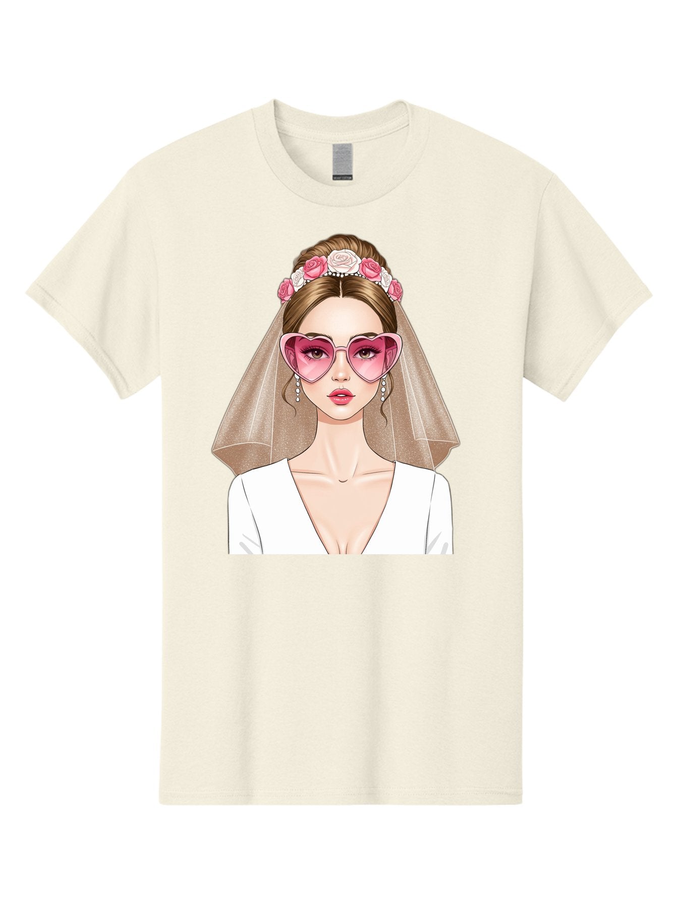 Bride-Fashion Men'S Graphic Tee, 100% Cotton, Comfortable Casual Summer Wear, Machine Washable, Bride With Veil, Heart-Shaped Sunglasses, Floral Hairpiece, White Wedding Dress, Stylish Accessories, Fashionable Wedding Attire, Chic Bridal Look, Baa223 8