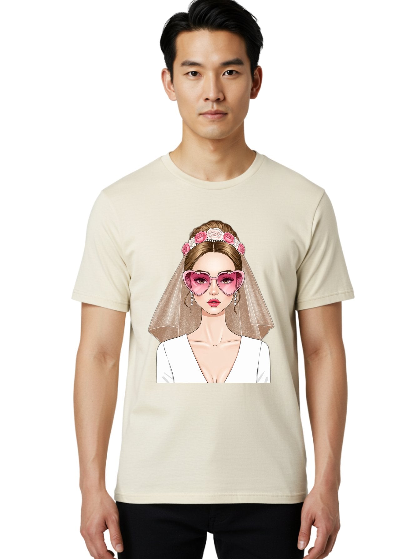 Bride-Fashion Men'S Graphic Tee, 100% Cotton, Comfortable Casual Summer Wear, Machine Washable, Bride With Veil, Heart-Shaped Sunglasses, Floral Hairpiece, White Wedding Dress, Stylish Accessories, Fashionable Wedding Attire, Chic Bridal Look, Baa223 25