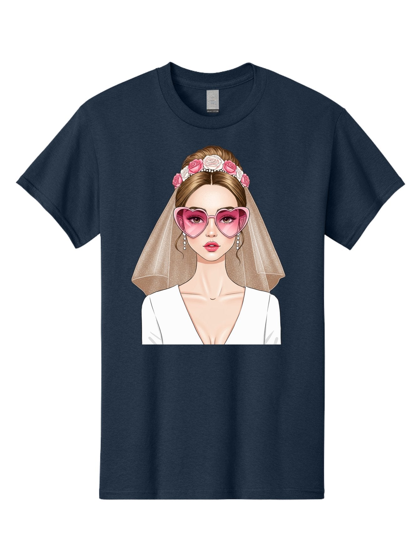 Bride-Fashion Men'S Graphic Tee, 100% Cotton, Comfortable Casual Summer Wear, Machine Washable, Bride With Veil, Heart-Shaped Sunglasses, Floral Hairpiece, White Wedding Dress, Stylish Accessories, Fashionable Wedding Attire, Chic Bridal Look, Baa223 7