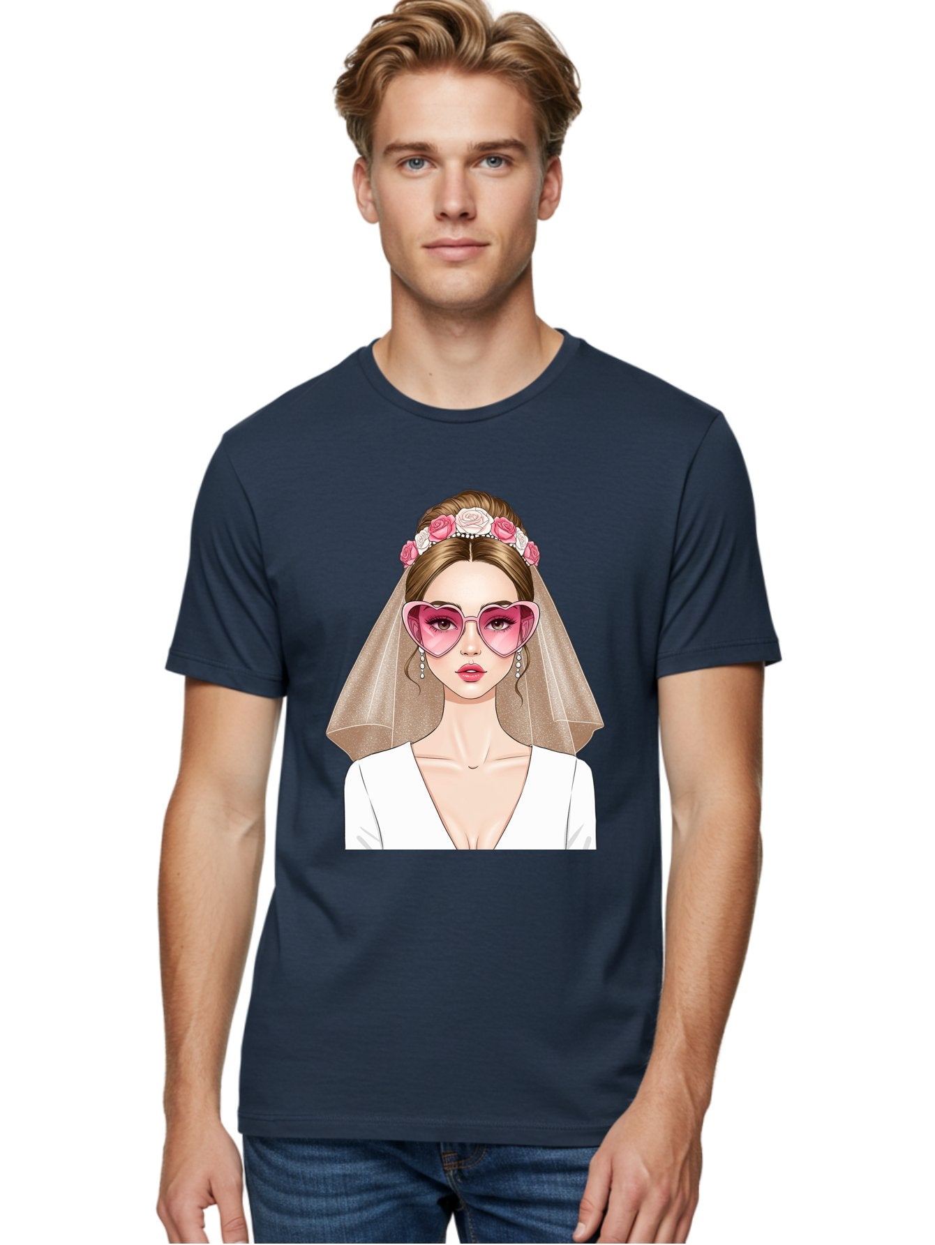 Bride-Fashion Men'S Graphic Tee, 100% Cotton, Comfortable Casual Summer Wear, Machine Washable, Bride With Veil, Heart-Shaped Sunglasses, Floral Hairpiece, White Wedding Dress, Stylish Accessories, Fashionable Wedding Attire, Chic Bridal Look, Baa223 16