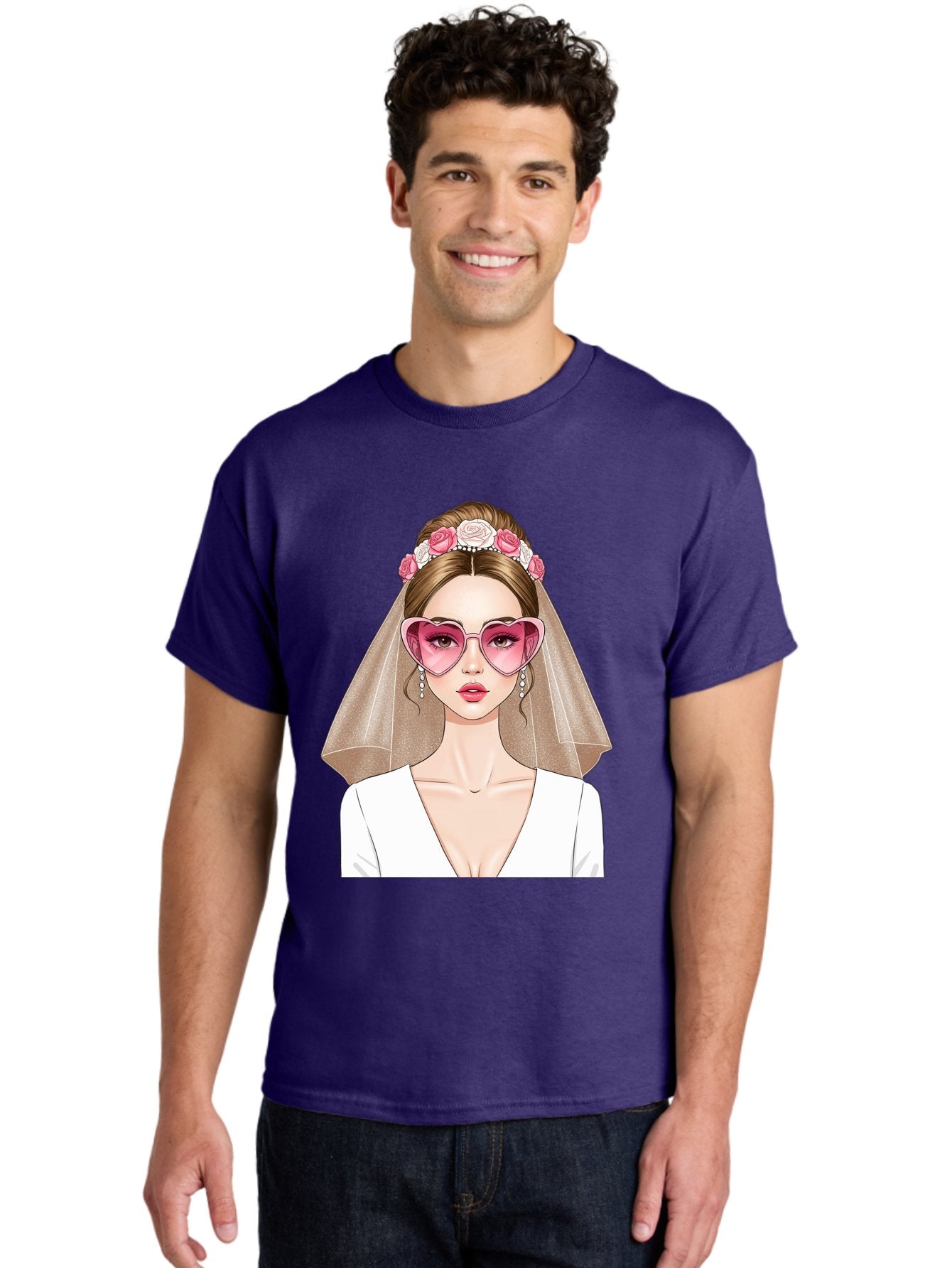 Bride-Fashion Men'S Graphic Tee, 100% Cotton, Comfortable Casual Summer Wear, Machine Washable, Bride With Veil, Heart-Shaped Sunglasses, Floral Hairpiece, White Wedding Dress, Stylish Accessories, Fashionable Wedding Attire, Chic Bridal Look, Baa223 17