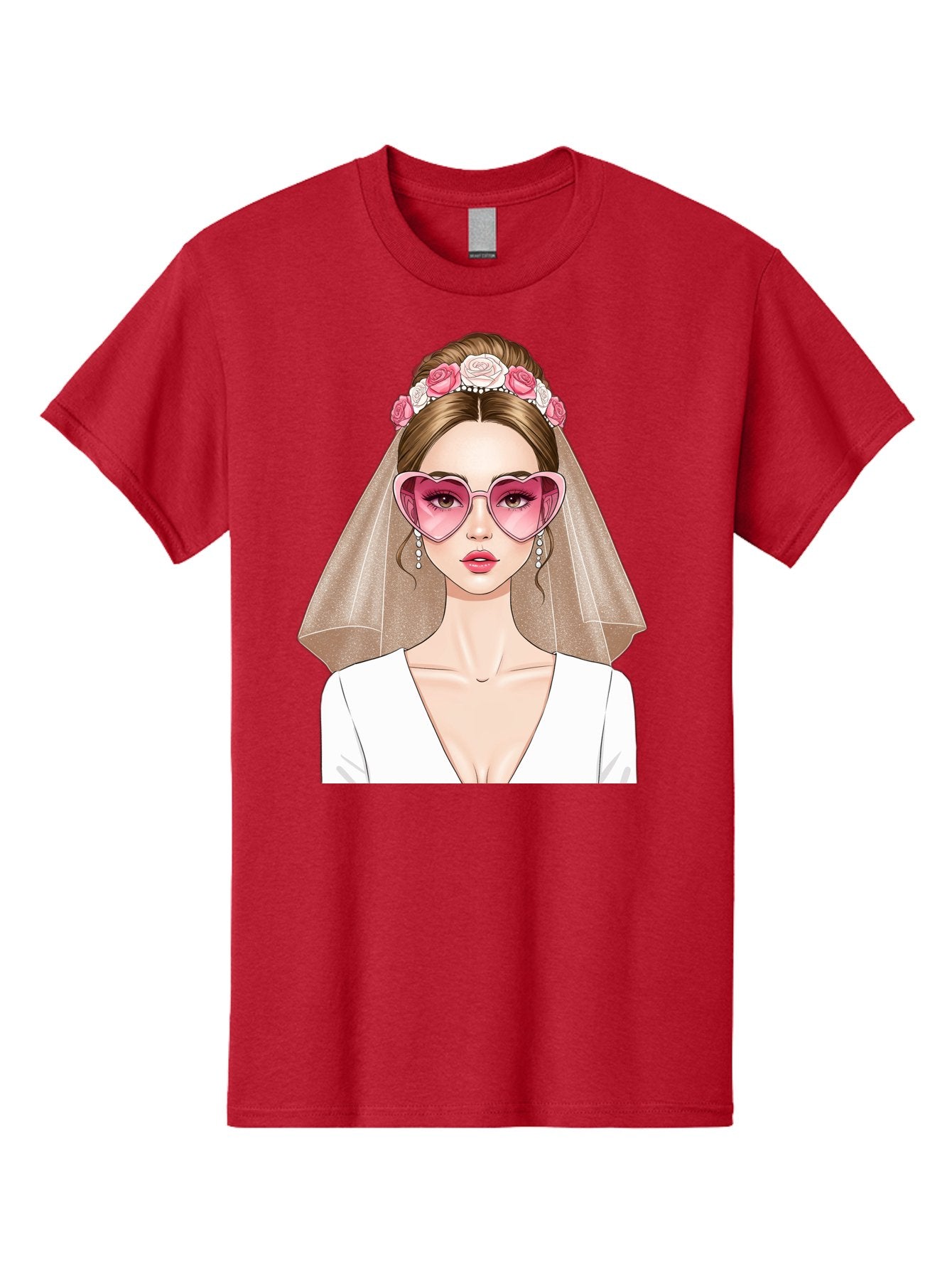 Bride-Fashion Men'S Graphic Tee, 100% Cotton, Comfortable Casual Summer Wear, Machine Washable, Bride With Veil, Heart-Shaped Sunglasses, Floral Hairpiece, White Wedding Dress, Stylish Accessories, Fashionable Wedding Attire, Chic Bridal Look, Baa223 13