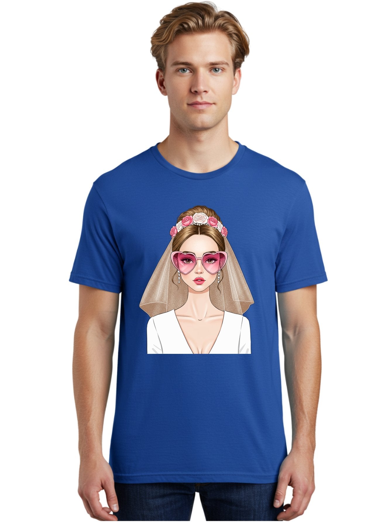 Bride-Fashion Men'S Graphic Tee, 100% Cotton, Comfortable Casual Summer Wear, Machine Washable, Bride With Veil, Heart-Shaped Sunglasses, Floral Hairpiece, White Wedding Dress, Stylish Accessories, Fashionable Wedding Attire, Chic Bridal Look, Baa223 26
