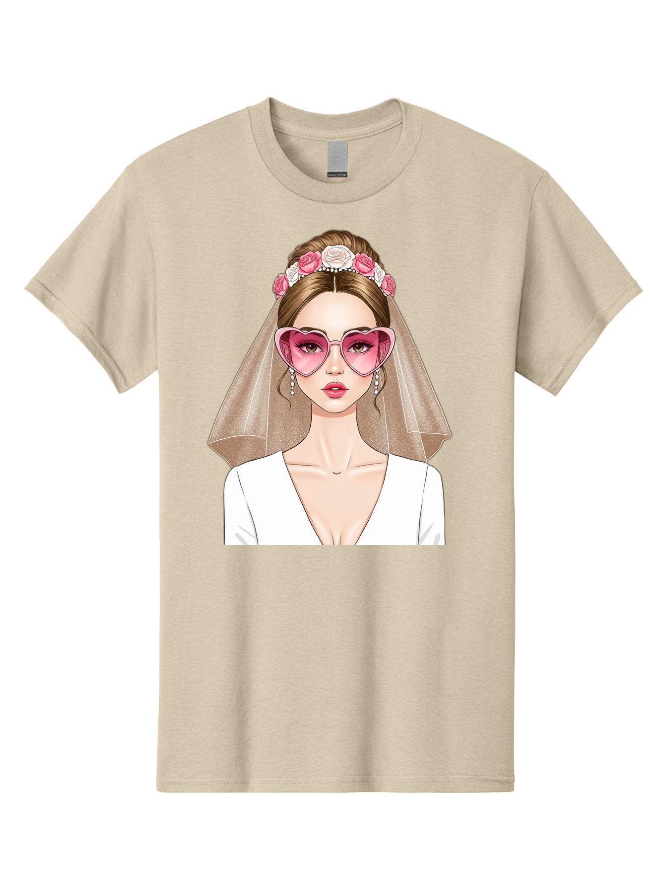 Bride-Fashion Men'S Graphic Tee, 100% Cotton, Comfortable Casual Summer Wear, Machine Washable, Bride With Veil, Heart-Shaped Sunglasses, Floral Hairpiece, White Wedding Dress, Stylish Accessories, Fashionable Wedding Attire, Chic Bridal Look, Baa223 14