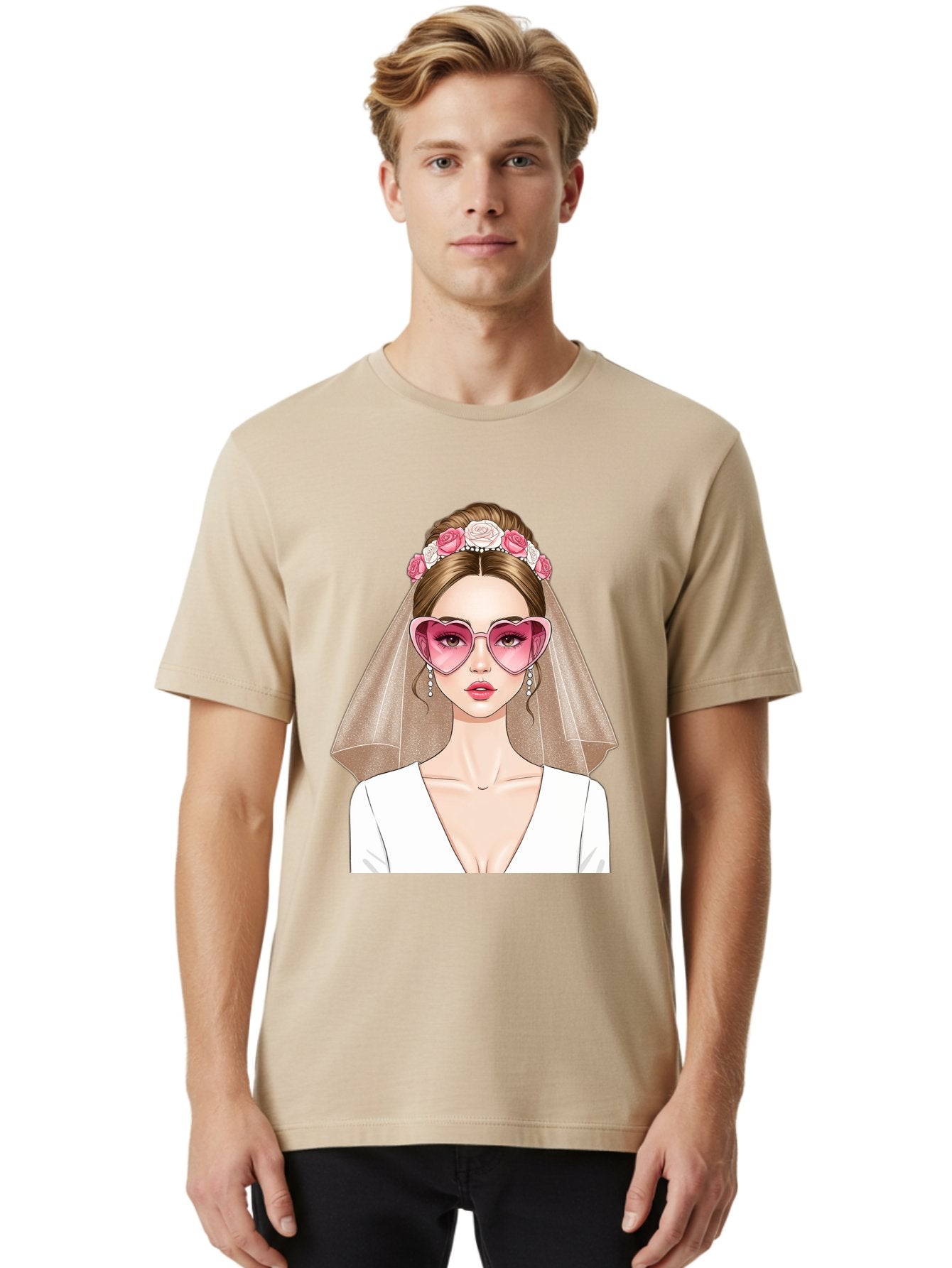 Bride-Fashion Men'S Graphic Tee, 100% Cotton, Comfortable Casual Summer Wear, Machine Washable, Bride With Veil, Heart-Shaped Sunglasses, Floral Hairpiece, White Wedding Dress, Stylish Accessories, Fashionable Wedding Attire, Chic Bridal Look, Baa223 29