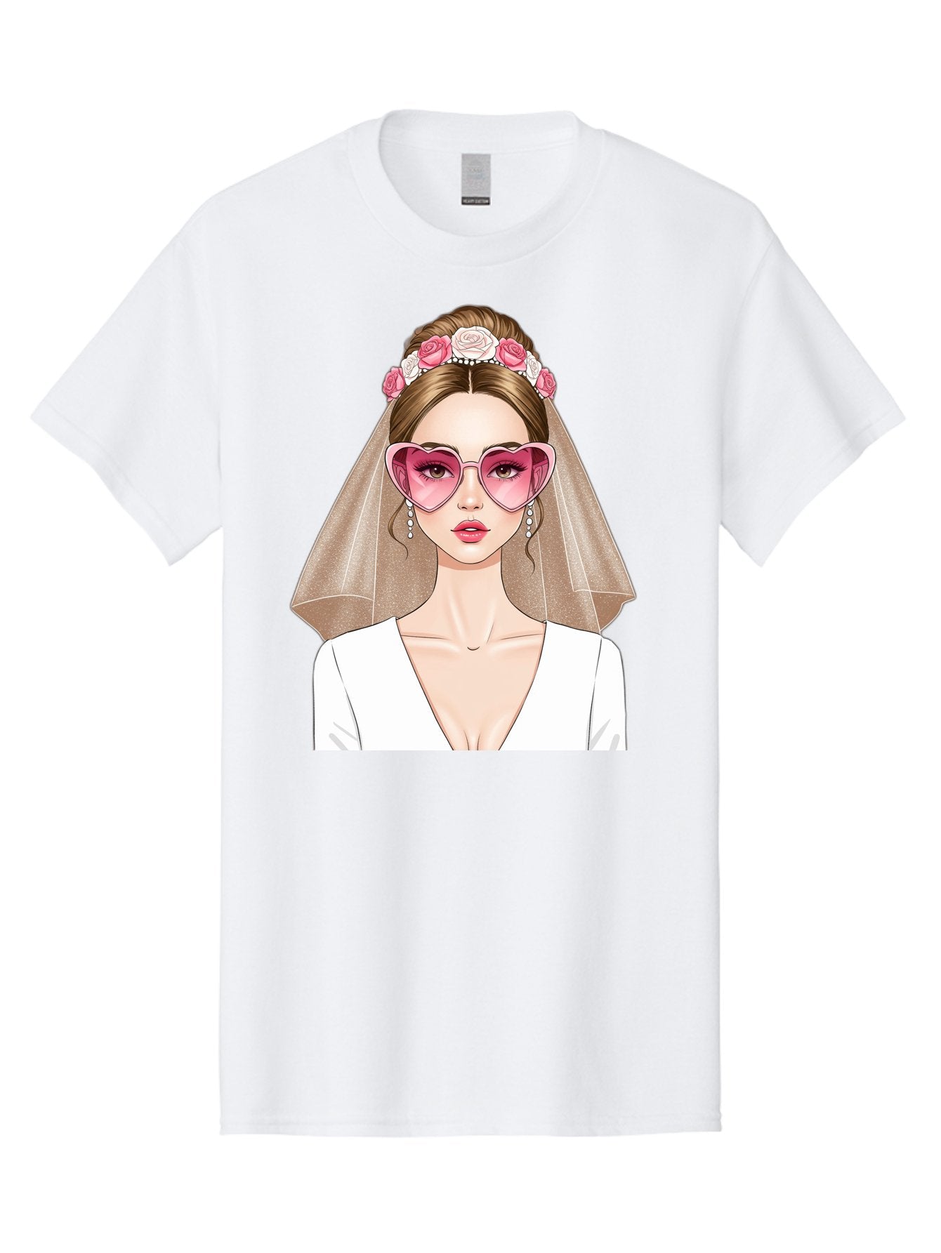 Bride-Fashion Men'S Graphic Tee, 100% Cotton, Comfortable Casual Summer Wear, Machine Washable, Bride With Veil, Heart-Shaped Sunglasses, Floral Hairpiece, White Wedding Dress, Stylish Accessories, Fashionable Wedding Attire, Chic Bridal Look, Baa223 3