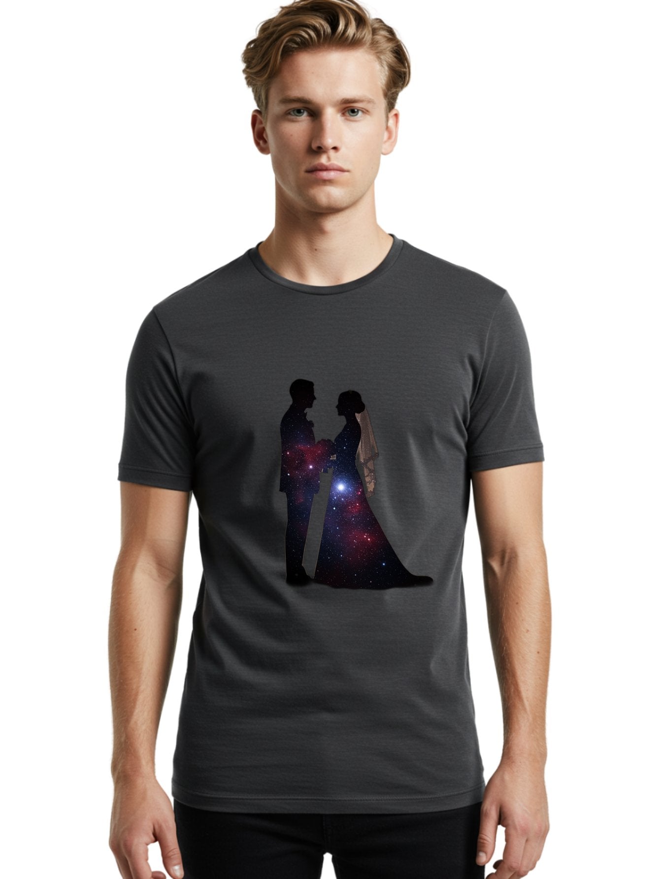 Bride-Groom-Silhouette Men'S Graphic Tee, 100% Cotton, Comfortable Casual Summer Wear, Machine Washable, Bride And Groom Silhouettes, Galaxy Inside Wedding Couple, Starry Night, Love Story, Wedding Vows, Celestial Romance, Eternity, Stars, Baa224 22