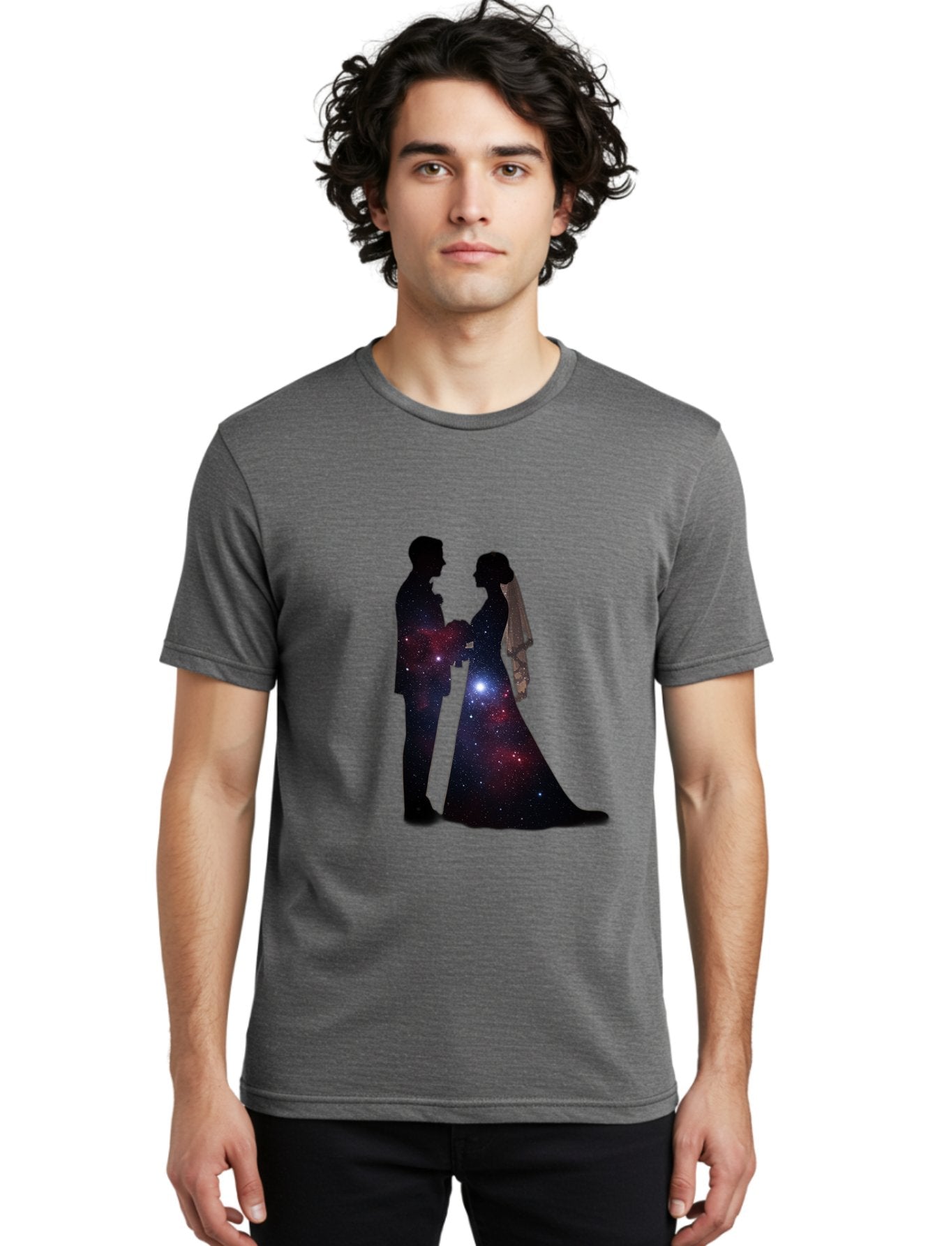 Bride-Groom-Silhouette Men'S Graphic Tee, 100% Cotton, Comfortable Casual Summer Wear, Machine Washable, Bride And Groom Silhouettes, Galaxy Inside Wedding Couple, Starry Night, Love Story, Wedding Vows, Celestial Romance, Eternity, Stars, Baa224 30