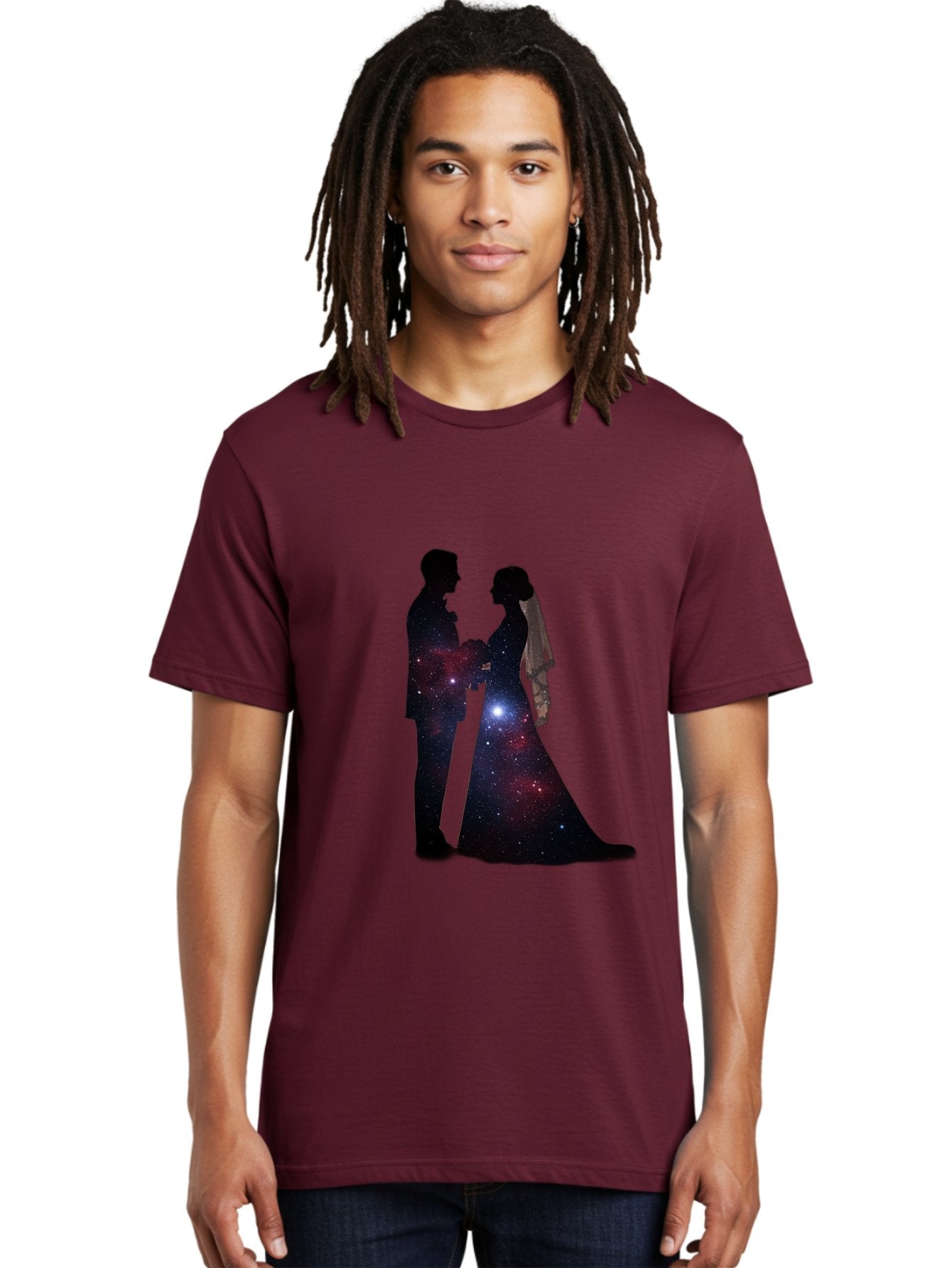 Bride-Groom-Silhouette Men'S Graphic Tee, 100% Cotton, Comfortable Casual Summer Wear, Machine Washable, Bride And Groom Silhouettes, Galaxy Inside Wedding Couple, Starry Night, Love Story, Wedding Vows, Celestial Romance, Eternity, Stars, Baa224 17