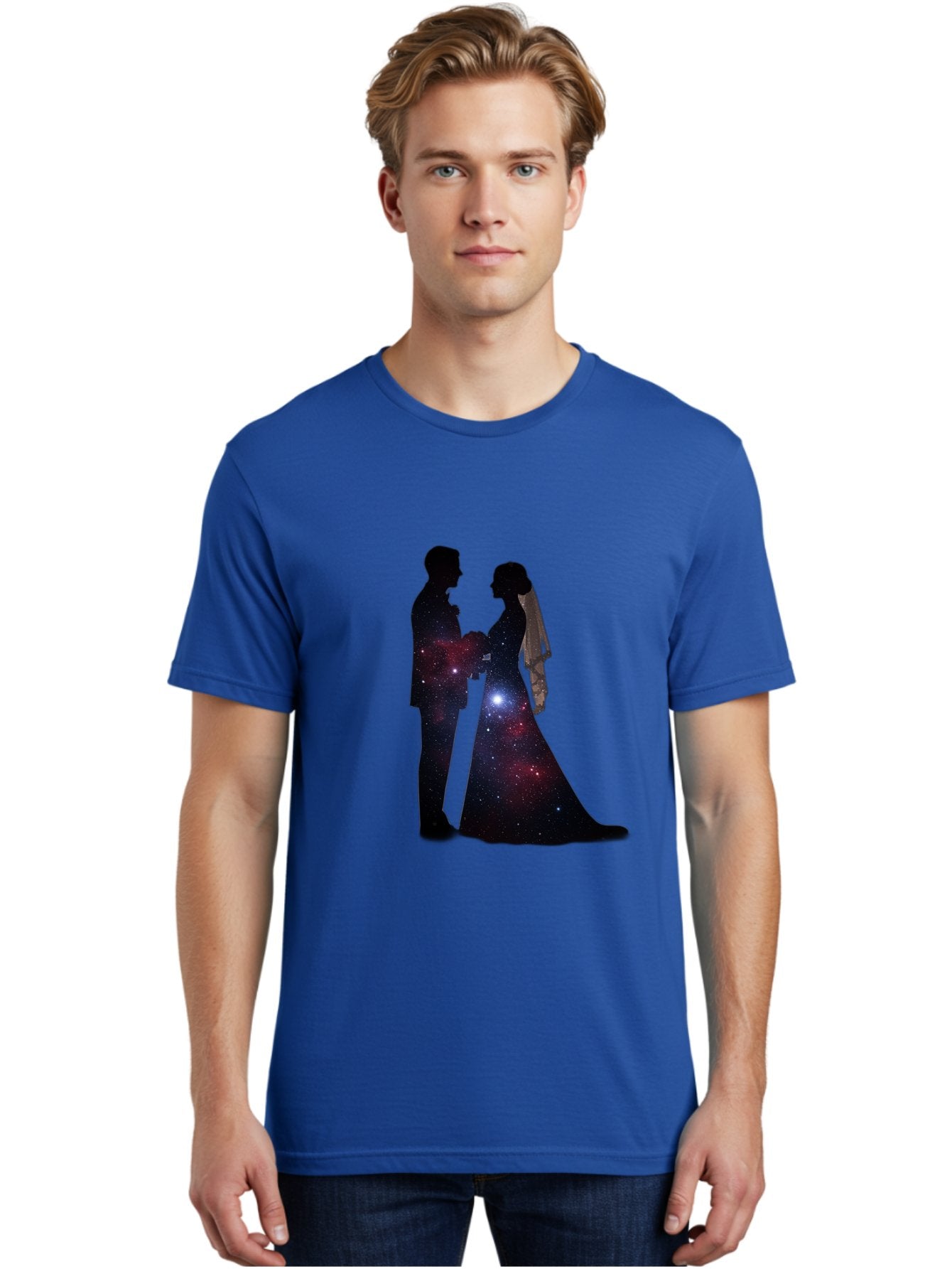 Bride-Groom-Silhouette Men'S Graphic Tee, 100% Cotton, Comfortable Casual Summer Wear, Machine Washable, Bride And Groom Silhouettes, Galaxy Inside Wedding Couple, Starry Night, Love Story, Wedding Vows, Celestial Romance, Eternity, Stars, Baa224 27