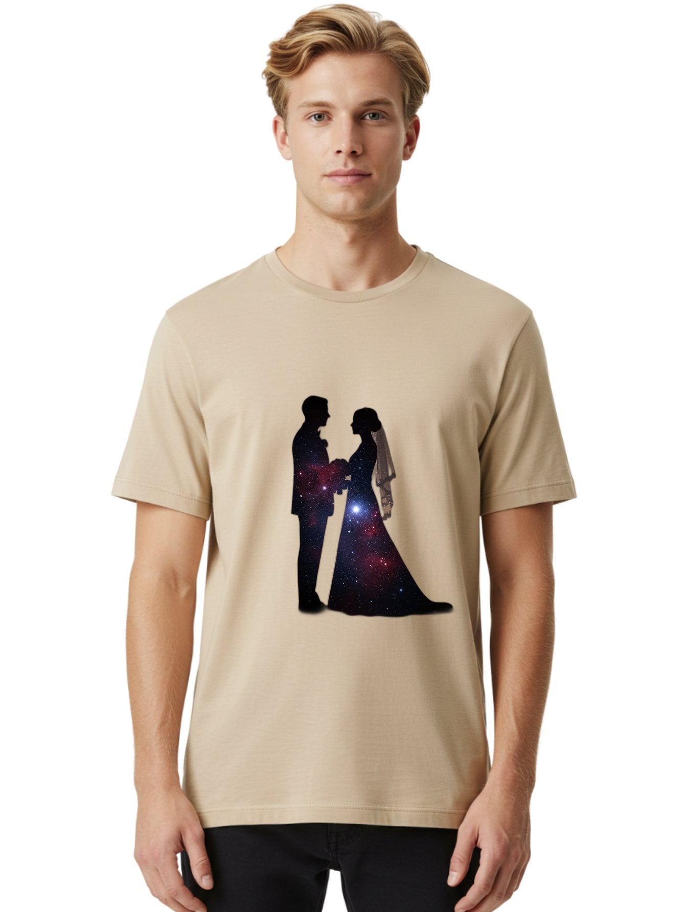Bride-Groom-Silhouette Men'S Graphic Tee, 100% Cotton, Comfortable Casual Summer Wear, Machine Washable, Bride And Groom Silhouettes, Galaxy Inside Wedding Couple, Starry Night, Love Story, Wedding Vows, Celestial Romance, Eternity, Stars, Baa224 24