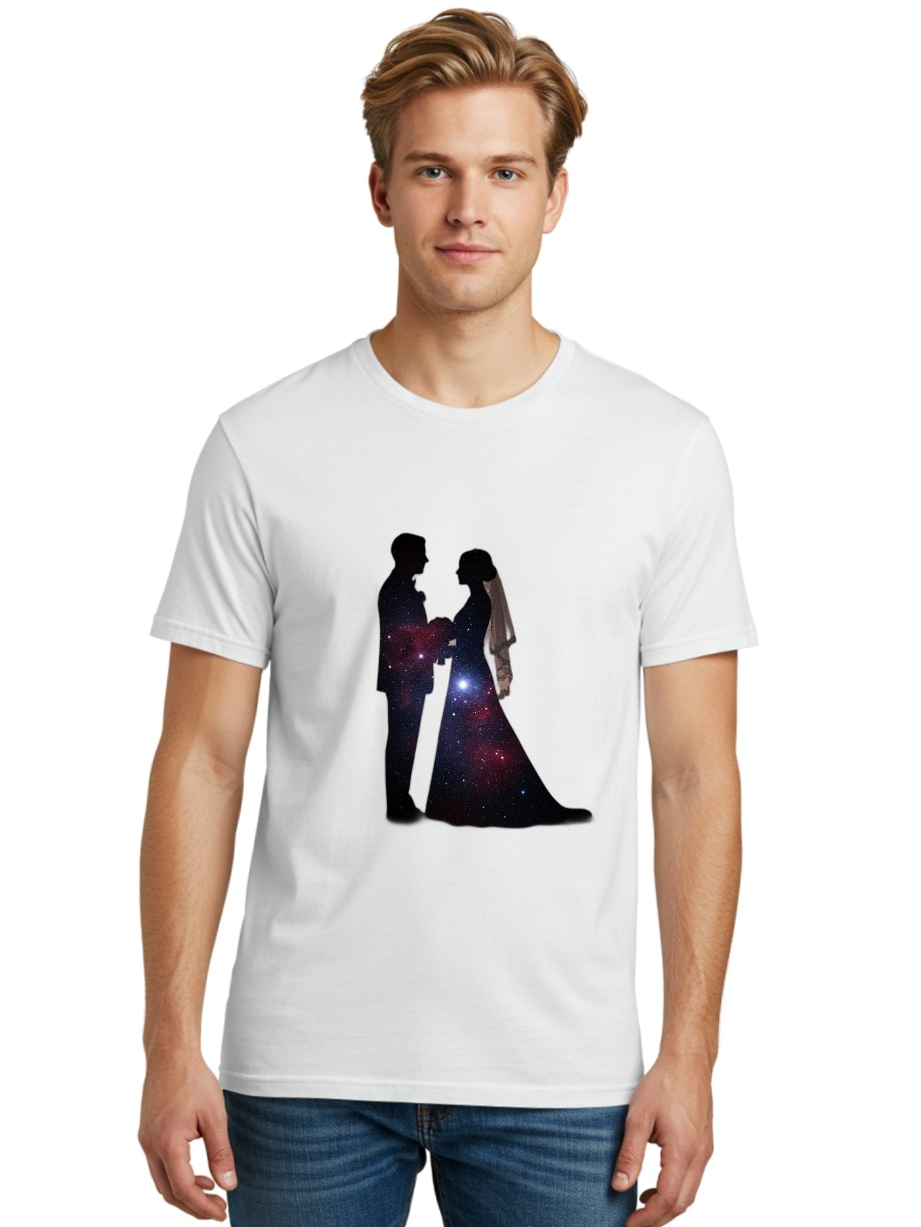 Bride-Groom-Silhouette Men'S Graphic Tee, 100% Cotton, Comfortable Casual Summer Wear, Machine Washable, Bride And Groom Silhouettes, Galaxy Inside Wedding Couple, Starry Night, Love Story, Wedding Vows, Celestial Romance, Eternity, Stars, Baa224 29