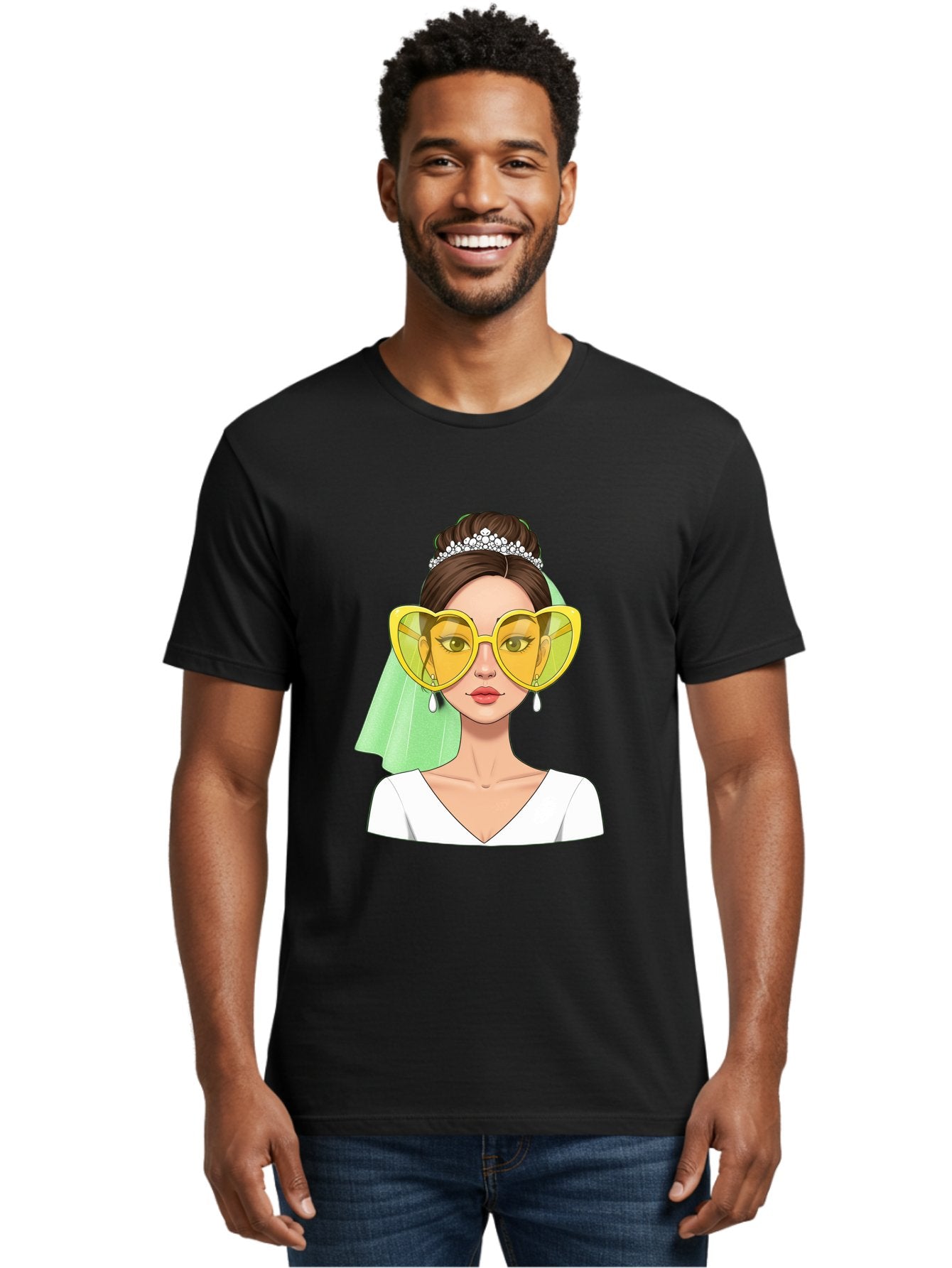 Bride-Heart-Sunglasses Men'S Graphic Tee, 100% Cotton, Comfortable Casual Summer Wear, Machine Washable, Bride With Heart-Shaped Sunglasses, Wedding Accessories, Fashionable Eyewear, Elegant Attire, Wedding Jewelry, Glamorous Look, Baa225 18