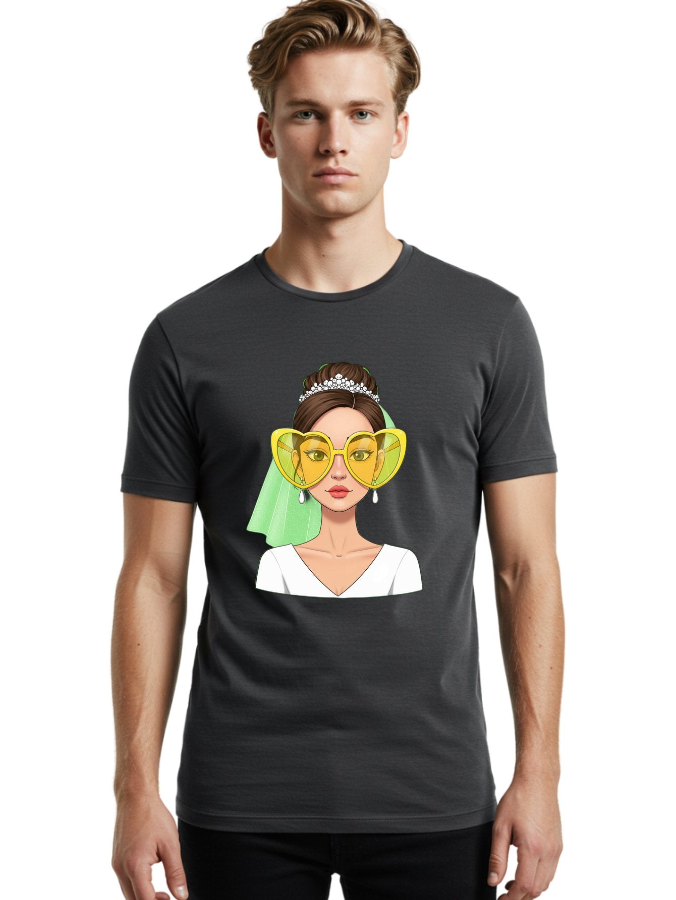 Bride-Heart-Sunglasses Men'S Graphic Tee, 100% Cotton, Comfortable Casual Summer Wear, Machine Washable, Bride With Heart-Shaped Sunglasses, Wedding Accessories, Fashionable Eyewear, Elegant Attire, Wedding Jewelry, Glamorous Look, Baa225 25