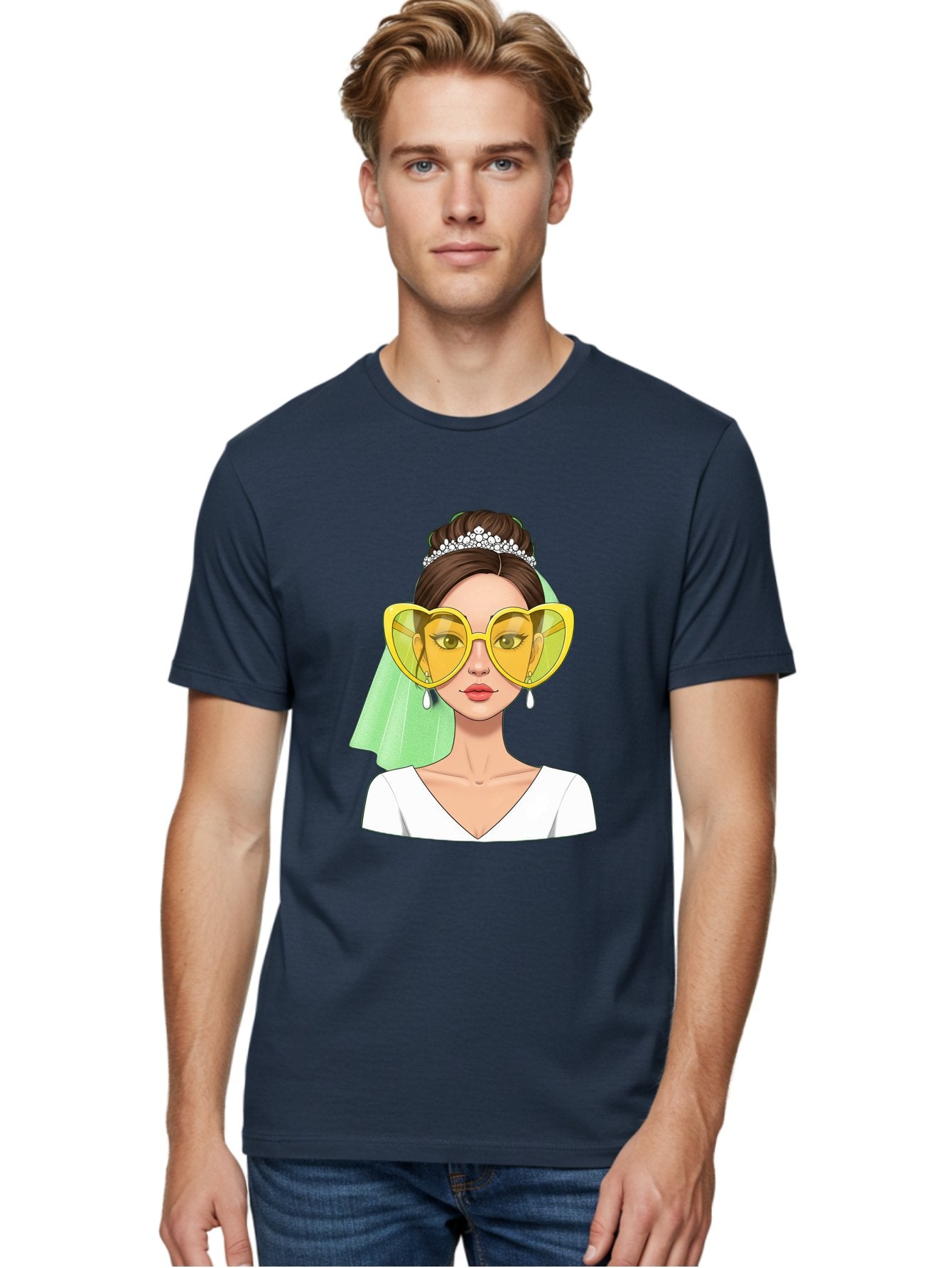 Bride-Heart-Sunglasses Men'S Graphic Tee, 100% Cotton, Comfortable Casual Summer Wear, Machine Washable, Bride With Heart-Shaped Sunglasses, Wedding Accessories, Fashionable Eyewear, Elegant Attire, Wedding Jewelry, Glamorous Look, Baa225 23