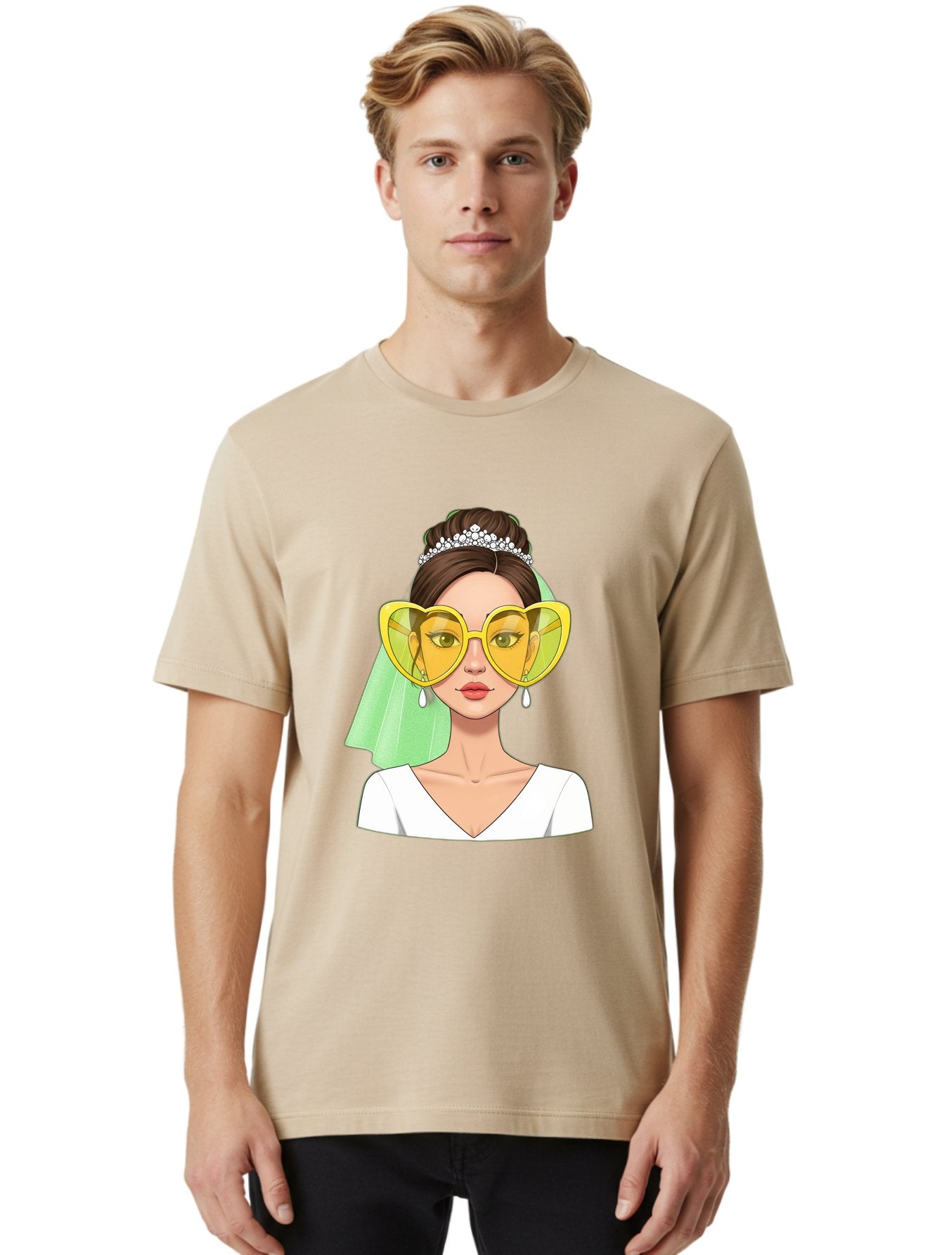 Bride-Heart-Sunglasses Men'S Graphic Tee, 100% Cotton, Comfortable Casual Summer Wear, Machine Washable, Bride With Heart-Shaped Sunglasses, Wedding Accessories, Fashionable Eyewear, Elegant Attire, Wedding Jewelry, Glamorous Look, Baa225 30