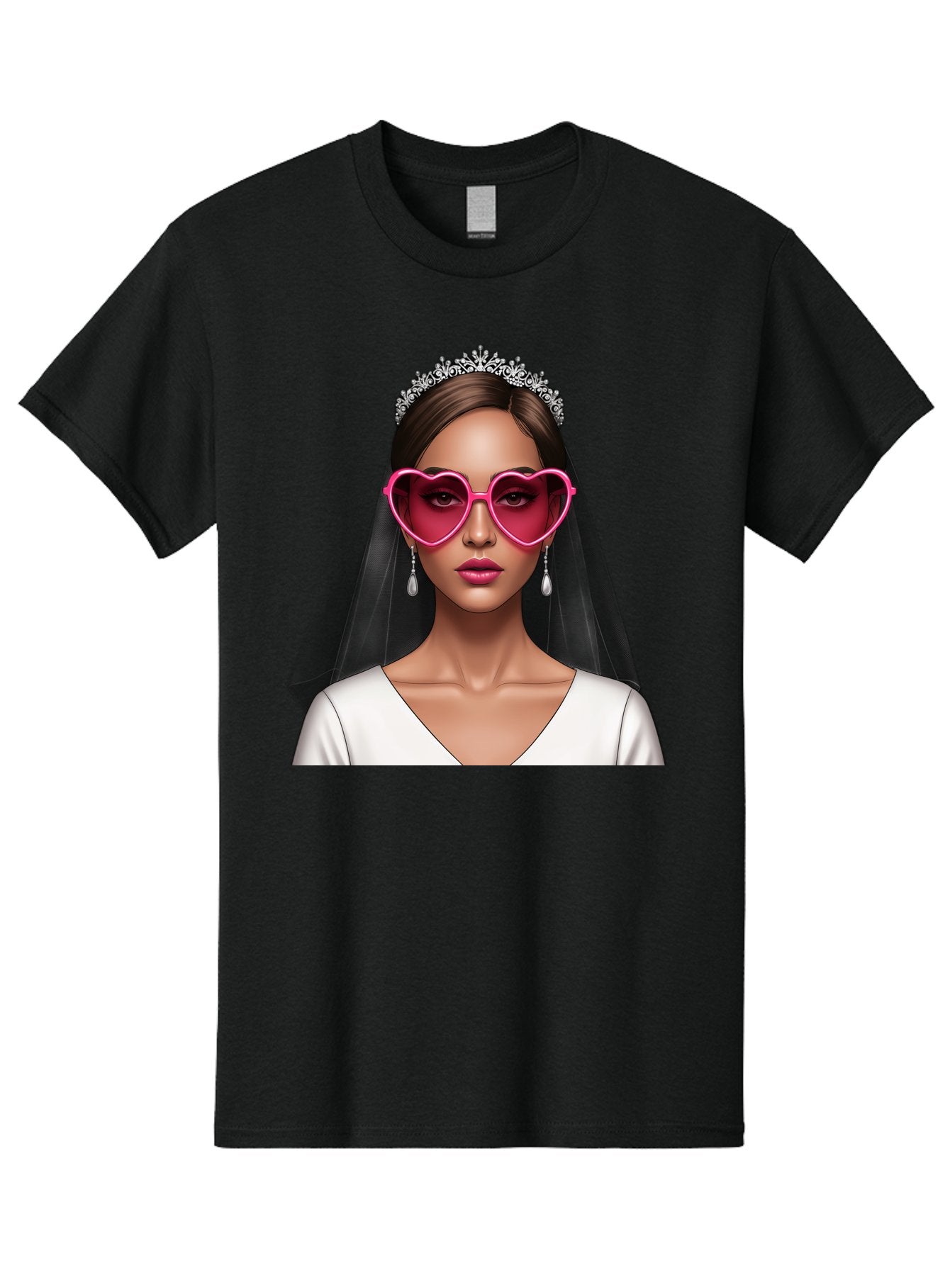 Bride-Portrait Men'S Graphic Tee, 100% Cotton, Comfortable Casual Summer Wear, Machine Washable, Bride Wearing Heart-Shaped Sunglasses, Tiara, White Dress, Wedding Veil, Dangle Earrings, Pink Lips, Fashionable Bride, Stylish Sunglasses, Baa226 7