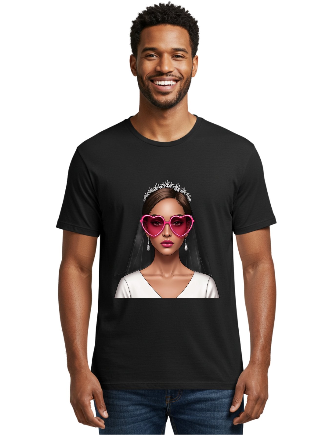 Bride-Portrait Men'S Graphic Tee, 100% Cotton, Comfortable Casual Summer Wear, Machine Washable, Bride Wearing Heart-Shaped Sunglasses, Tiara, White Dress, Wedding Veil, Dangle Earrings, Pink Lips, Fashionable Bride, Stylish Sunglasses, Baa226 16