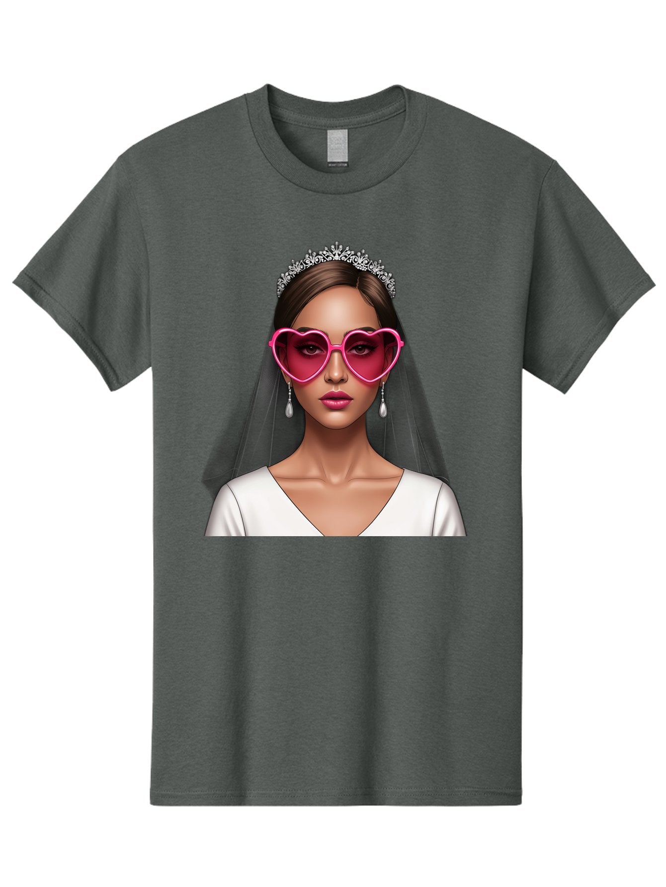 Bride-Portrait Men'S Graphic Tee, 100% Cotton, Comfortable Casual Summer Wear, Machine Washable, Bride Wearing Heart-Shaped Sunglasses, Tiara, White Dress, Wedding Veil, Dangle Earrings, Pink Lips, Fashionable Bride, Stylish Sunglasses, Baa226 8