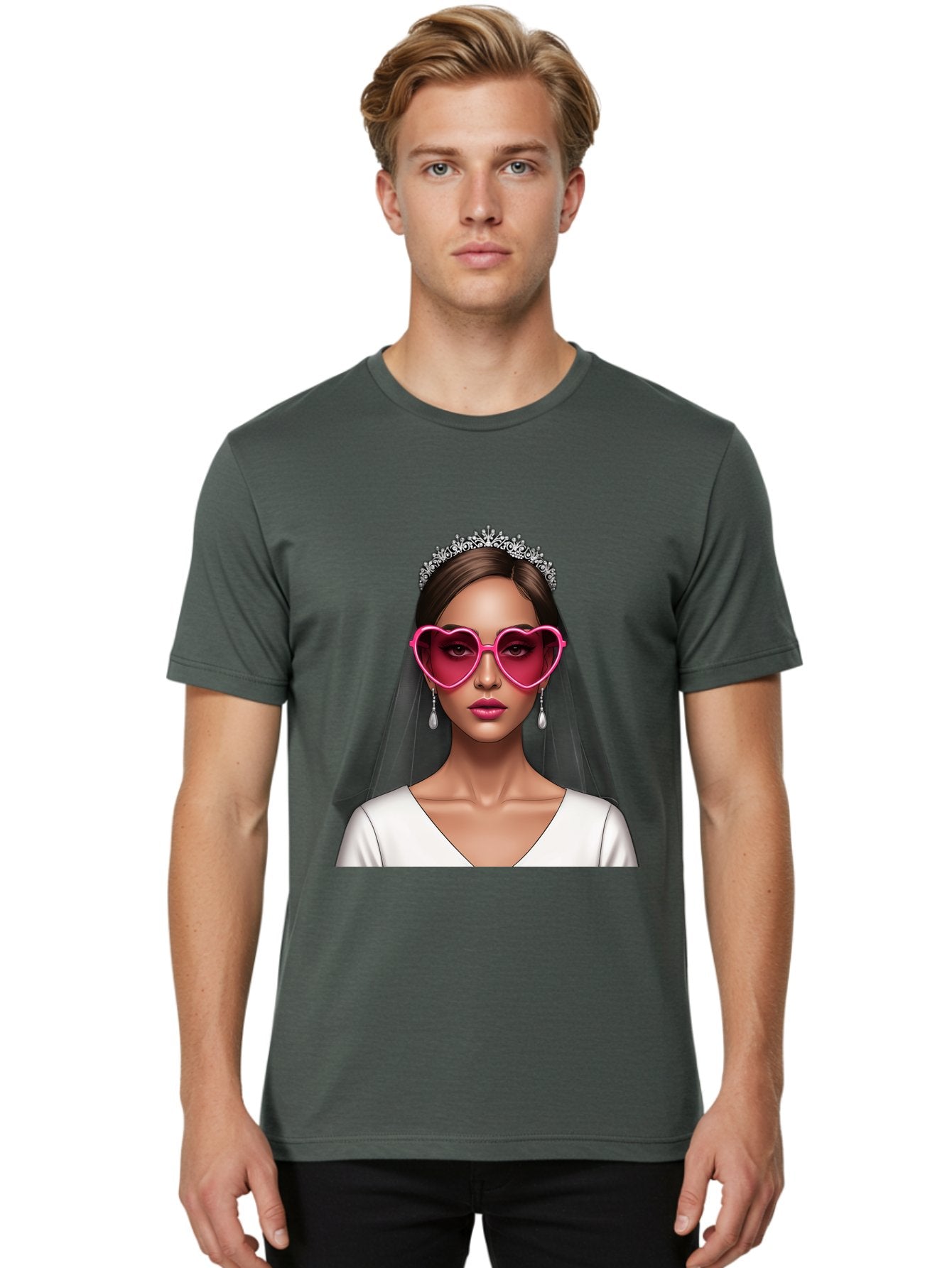 Bride-Portrait Men'S Graphic Tee, 100% Cotton, Comfortable Casual Summer Wear, Machine Washable, Bride Wearing Heart-Shaped Sunglasses, Tiara, White Dress, Wedding Veil, Dangle Earrings, Pink Lips, Fashionable Bride, Stylish Sunglasses, Baa226 25