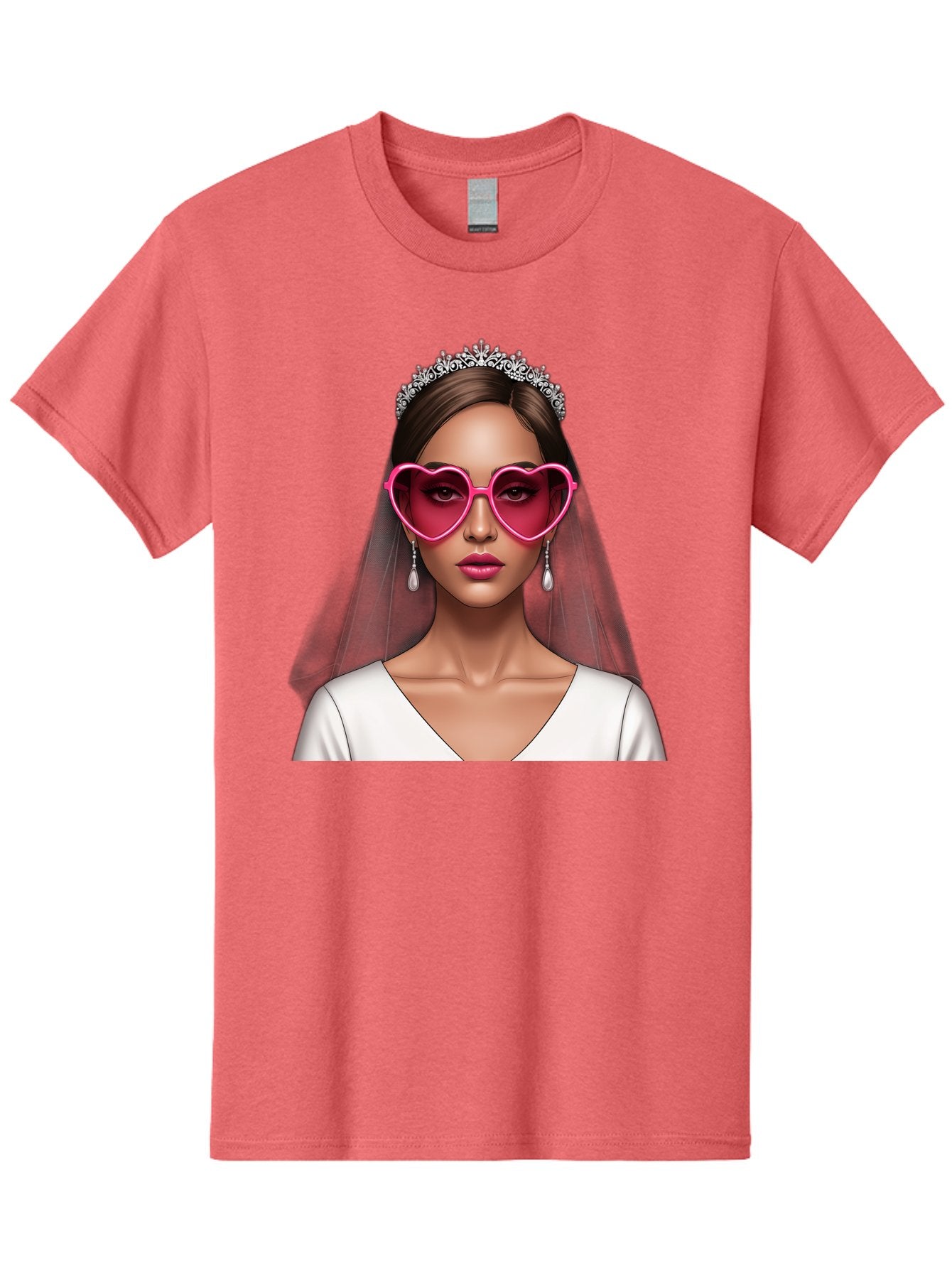 Bride-Portrait Men'S Graphic Tee, 100% Cotton, Comfortable Casual Summer Wear, Machine Washable, Bride Wearing Heart-Shaped Sunglasses, Tiara, White Dress, Wedding Veil, Dangle Earrings, Pink Lips, Fashionable Bride, Stylish Sunglasses, Baa226 4