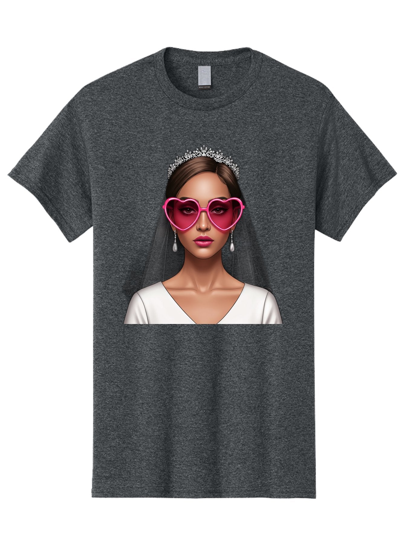 Bride-Portrait Men'S Graphic Tee, 100% Cotton, Comfortable Casual Summer Wear, Machine Washable, Bride Wearing Heart-Shaped Sunglasses, Tiara, White Dress, Wedding Veil, Dangle Earrings, Pink Lips, Fashionable Bride, Stylish Sunglasses, Baa226