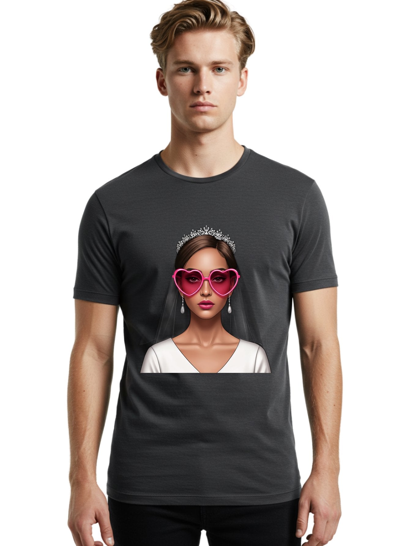Bride-Portrait Men'S Graphic Tee, 100% Cotton, Comfortable Casual Summer Wear, Machine Washable, Bride Wearing Heart-Shaped Sunglasses, Tiara, White Dress, Wedding Veil, Dangle Earrings, Pink Lips, Fashionable Bride, Stylish Sunglasses, Baa226 21