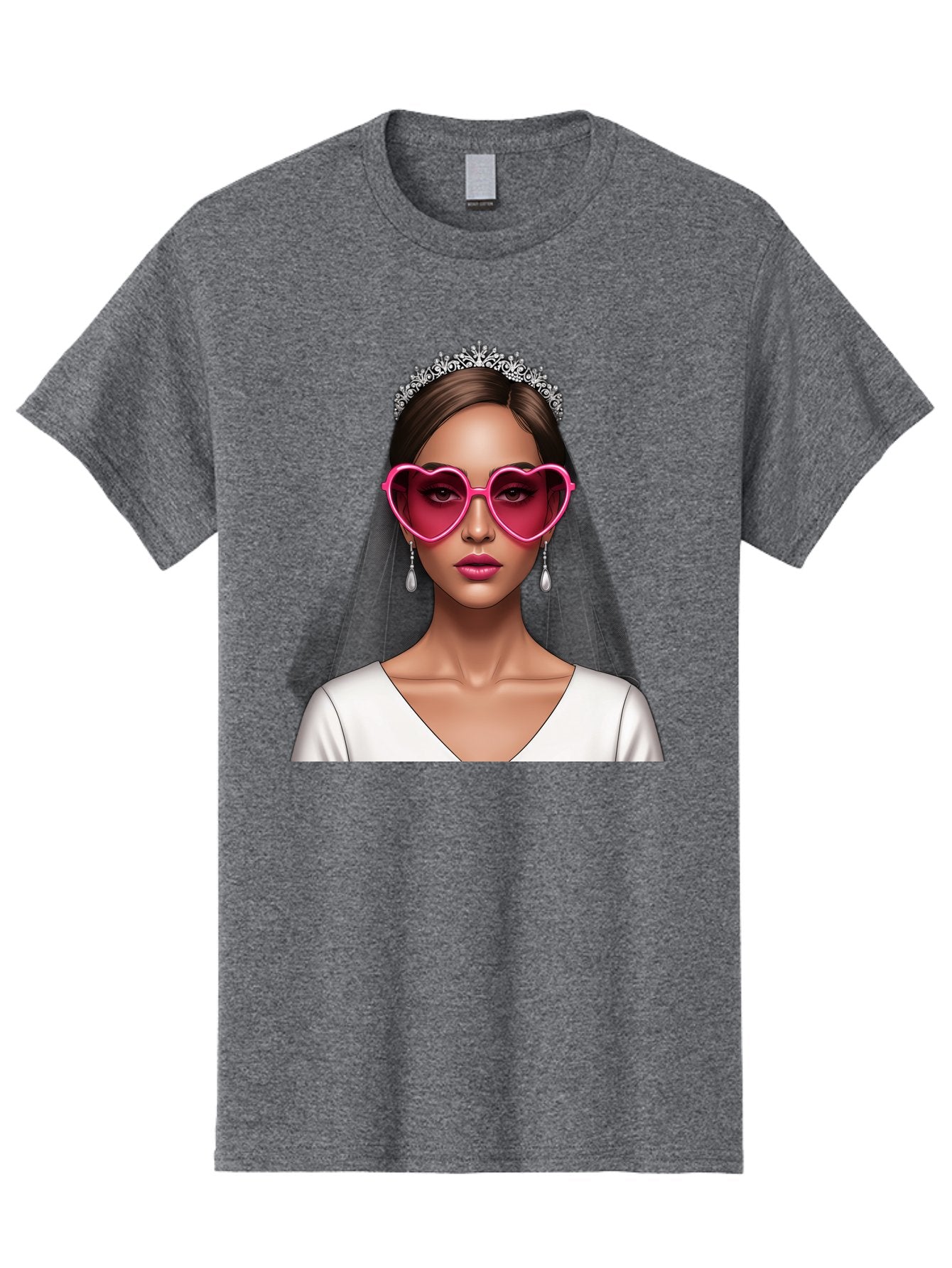 Bride-Portrait Men'S Graphic Tee, 100% Cotton, Comfortable Casual Summer Wear, Machine Washable, Bride Wearing Heart-Shaped Sunglasses, Tiara, White Dress, Wedding Veil, Dangle Earrings, Pink Lips, Fashionable Bride, Stylish Sunglasses, Baa226 14