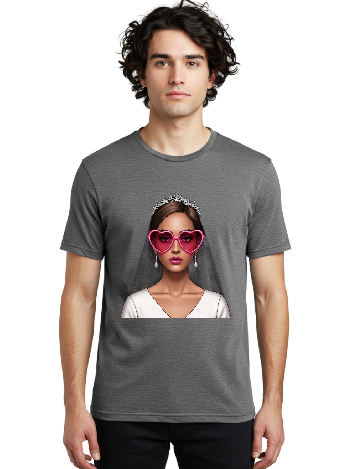 Bride-Portrait Men'S Graphic Tee, 100% Cotton, Comfortable Casual Summer Wear, Machine Washable, Bride Wearing Heart-Shaped Sunglasses, Tiara, White Dress, Wedding Veil, Dangle Earrings, Pink Lips, Fashionable Bride, Stylish Sunglasses, Baa226 29