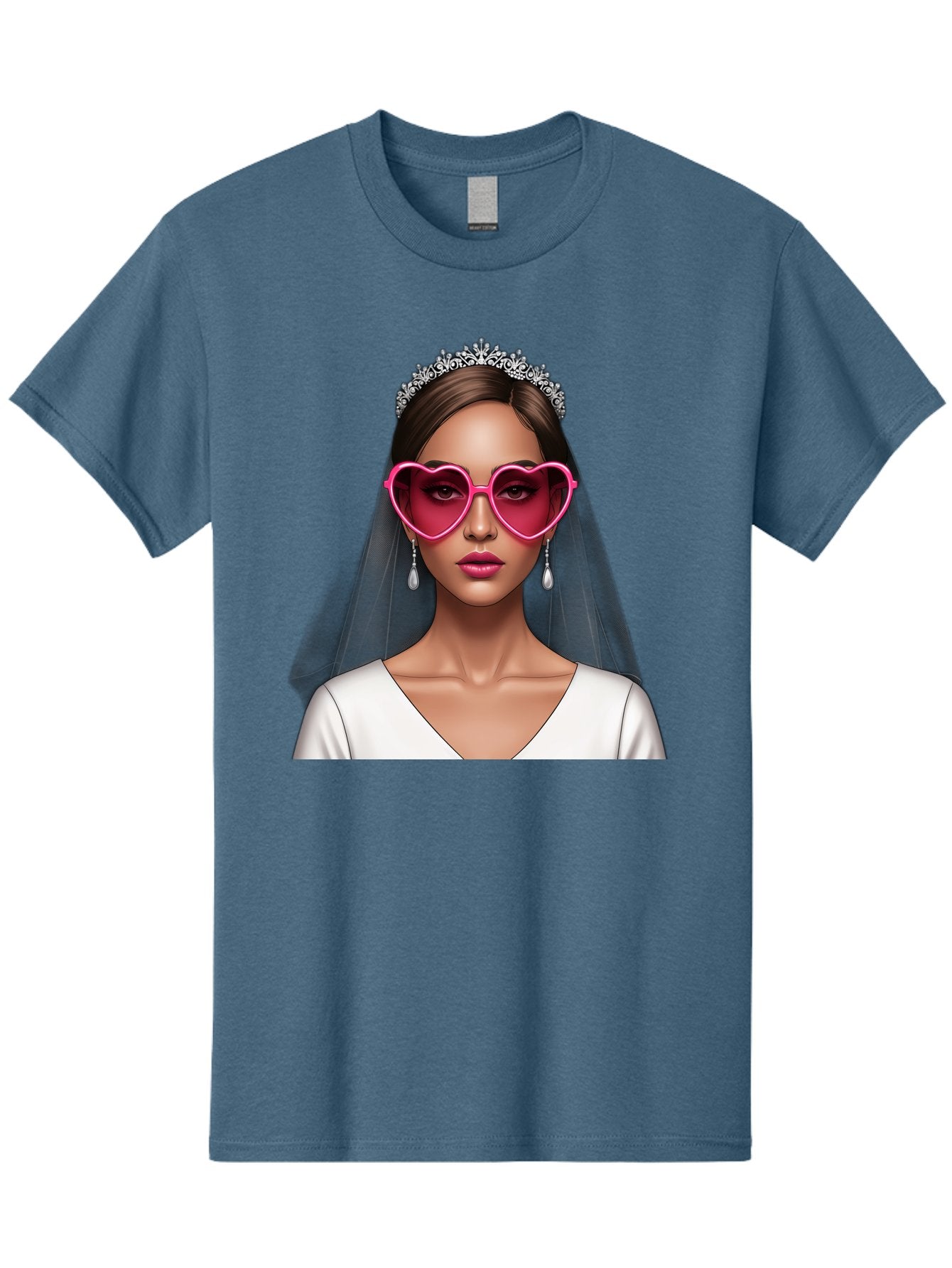 Bride-Portrait Men'S Graphic Tee, 100% Cotton, Comfortable Casual Summer Wear, Machine Washable, Bride Wearing Heart-Shaped Sunglasses, Tiara, White Dress, Wedding Veil, Dangle Earrings, Pink Lips, Fashionable Bride, Stylish Sunglasses, Baa226 12