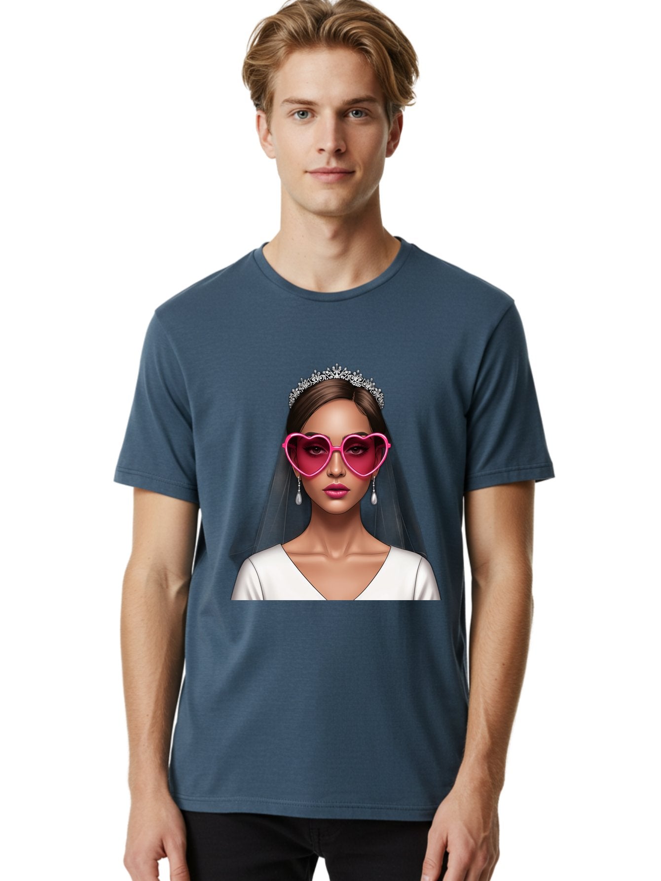 Bride-Portrait Men'S Graphic Tee, 100% Cotton, Comfortable Casual Summer Wear, Machine Washable, Bride Wearing Heart-Shaped Sunglasses, Tiara, White Dress, Wedding Veil, Dangle Earrings, Pink Lips, Fashionable Bride, Stylish Sunglasses, Baa226 28