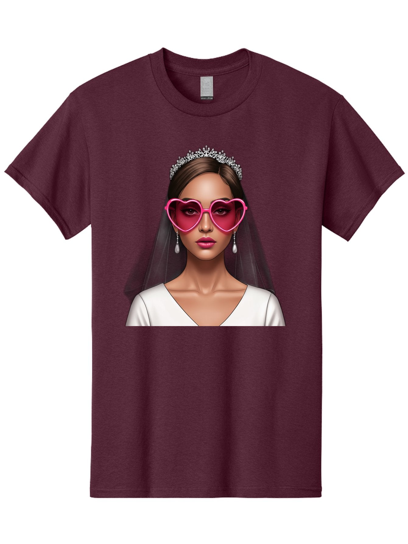 Bride-Portrait Men'S Graphic Tee, 100% Cotton, Comfortable Casual Summer Wear, Machine Washable, Bride Wearing Heart-Shaped Sunglasses, Tiara, White Dress, Wedding Veil, Dangle Earrings, Pink Lips, Fashionable Bride, Stylish Sunglasses, Baa226 6