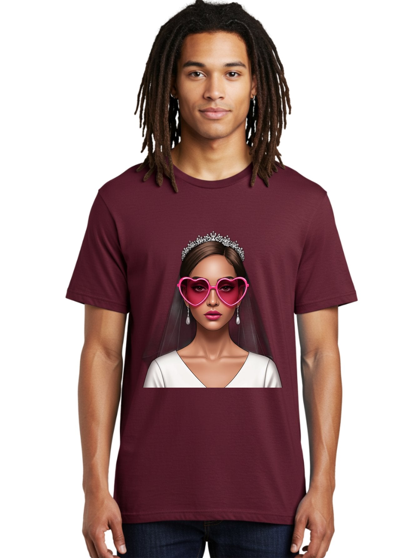 Bride-Portrait Men'S Graphic Tee, 100% Cotton, Comfortable Casual Summer Wear, Machine Washable, Bride Wearing Heart-Shaped Sunglasses, Tiara, White Dress, Wedding Veil, Dangle Earrings, Pink Lips, Fashionable Bride, Stylish Sunglasses, Baa226 24
