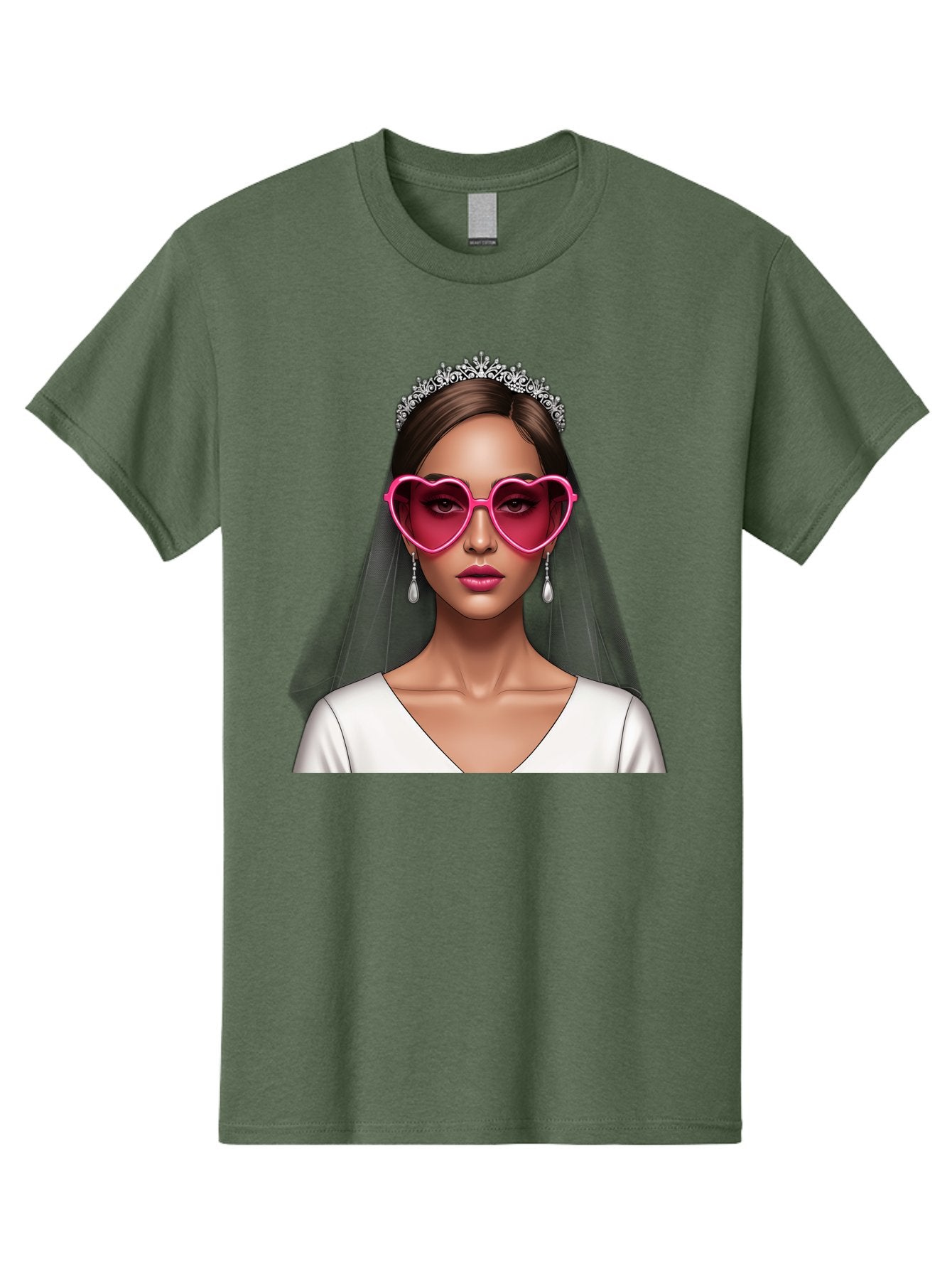 Bride-Portrait Men'S Graphic Tee, 100% Cotton, Comfortable Casual Summer Wear, Machine Washable, Bride Wearing Heart-Shaped Sunglasses, Tiara, White Dress, Wedding Veil, Dangle Earrings, Pink Lips, Fashionable Bride, Stylish Sunglasses, Baa226 13