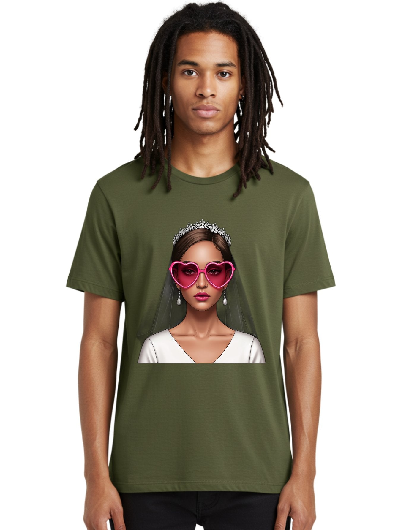 Bride-Portrait Men'S Graphic Tee, 100% Cotton, Comfortable Casual Summer Wear, Machine Washable, Bride Wearing Heart-Shaped Sunglasses, Tiara, White Dress, Wedding Veil, Dangle Earrings, Pink Lips, Fashionable Bride, Stylish Sunglasses, Baa226 20