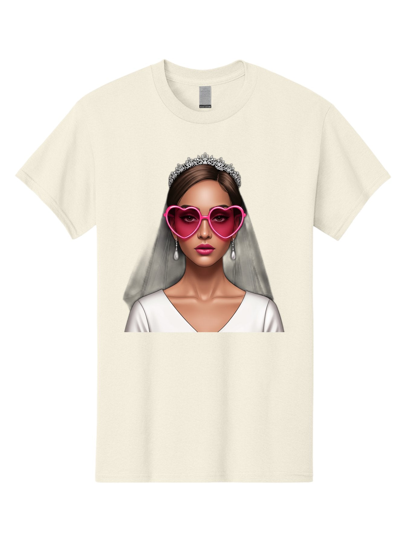 Bride-Portrait Men'S Graphic Tee, 100% Cotton, Comfortable Casual Summer Wear, Machine Washable, Bride Wearing Heart-Shaped Sunglasses, Tiara, White Dress, Wedding Veil, Dangle Earrings, Pink Lips, Fashionable Bride, Stylish Sunglasses, Baa226 9