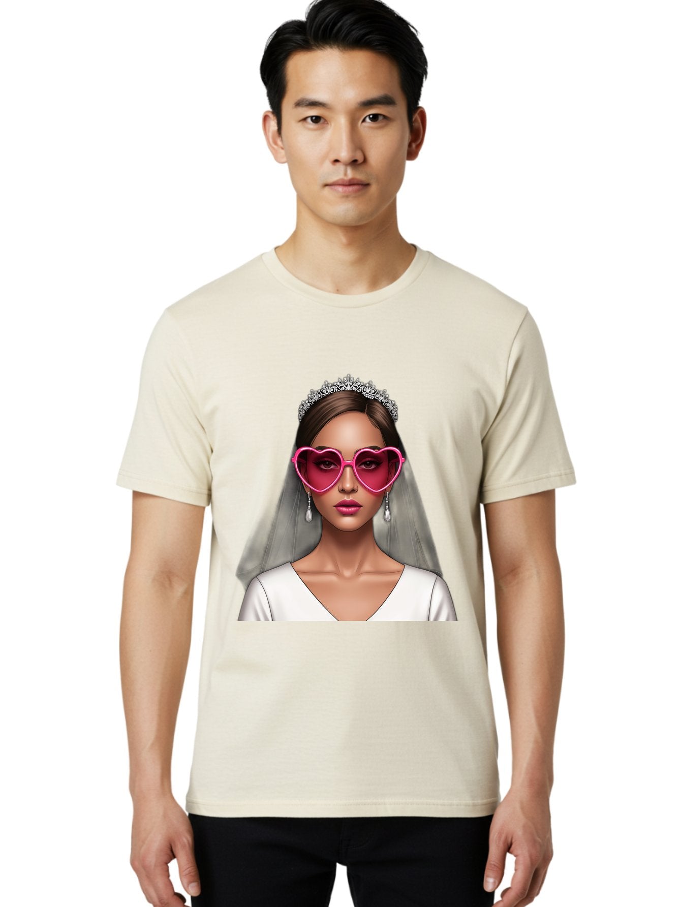 Bride-Portrait Men'S Graphic Tee, 100% Cotton, Comfortable Casual Summer Wear, Machine Washable, Bride Wearing Heart-Shaped Sunglasses, Tiara, White Dress, Wedding Veil, Dangle Earrings, Pink Lips, Fashionable Bride, Stylish Sunglasses, Baa226 26