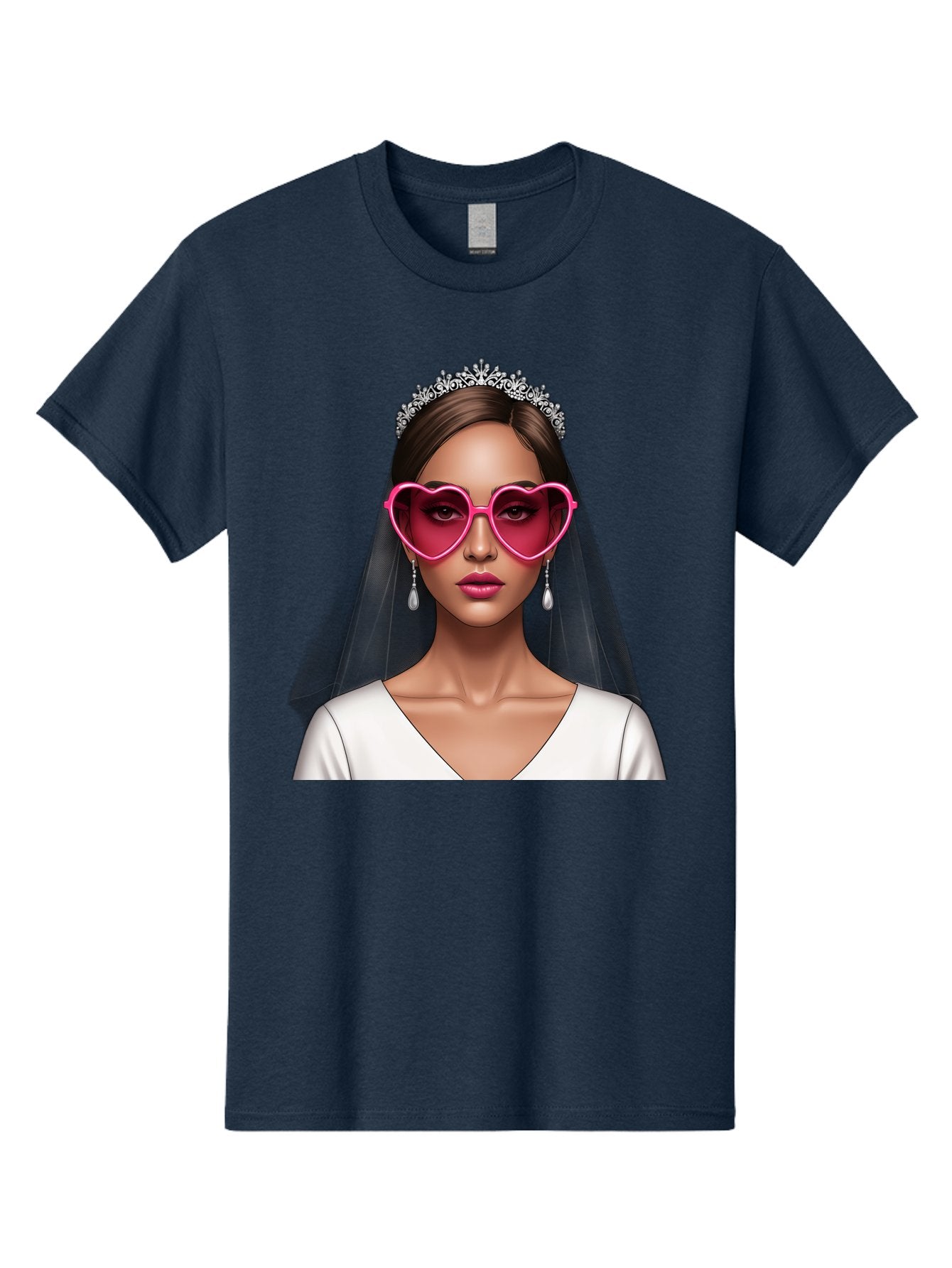 Bride-Portrait Men'S Graphic Tee, 100% Cotton, Comfortable Casual Summer Wear, Machine Washable, Bride Wearing Heart-Shaped Sunglasses, Tiara, White Dress, Wedding Veil, Dangle Earrings, Pink Lips, Fashionable Bride, Stylish Sunglasses, Baa226
