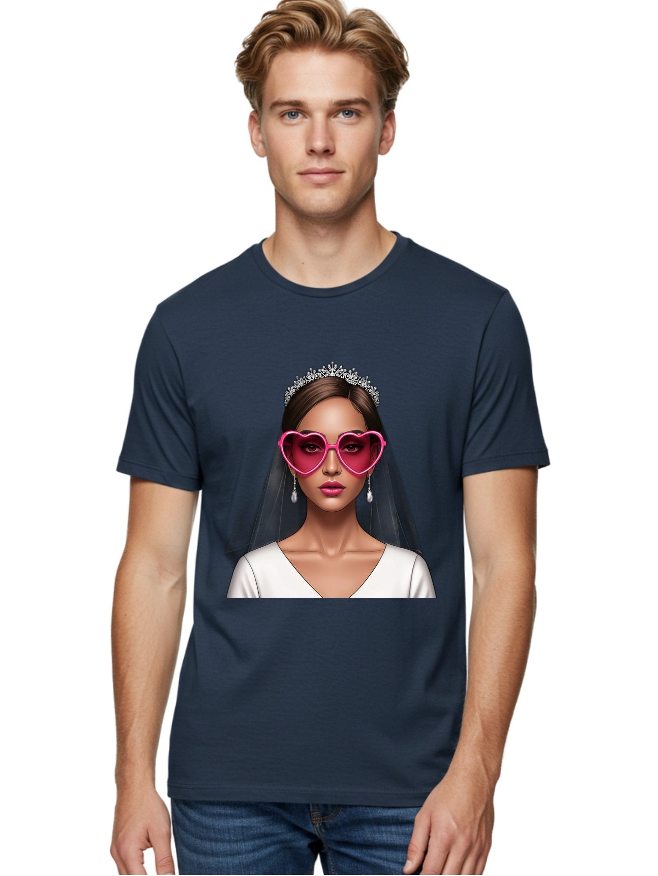 Bride-Portrait Men'S Graphic Tee, 100% Cotton, Comfortable Casual Summer Wear, Machine Washable, Bride Wearing Heart-Shaped Sunglasses, Tiara, White Dress, Wedding Veil, Dangle Earrings, Pink Lips, Fashionable Bride, Stylish Sunglasses, Baa226 19