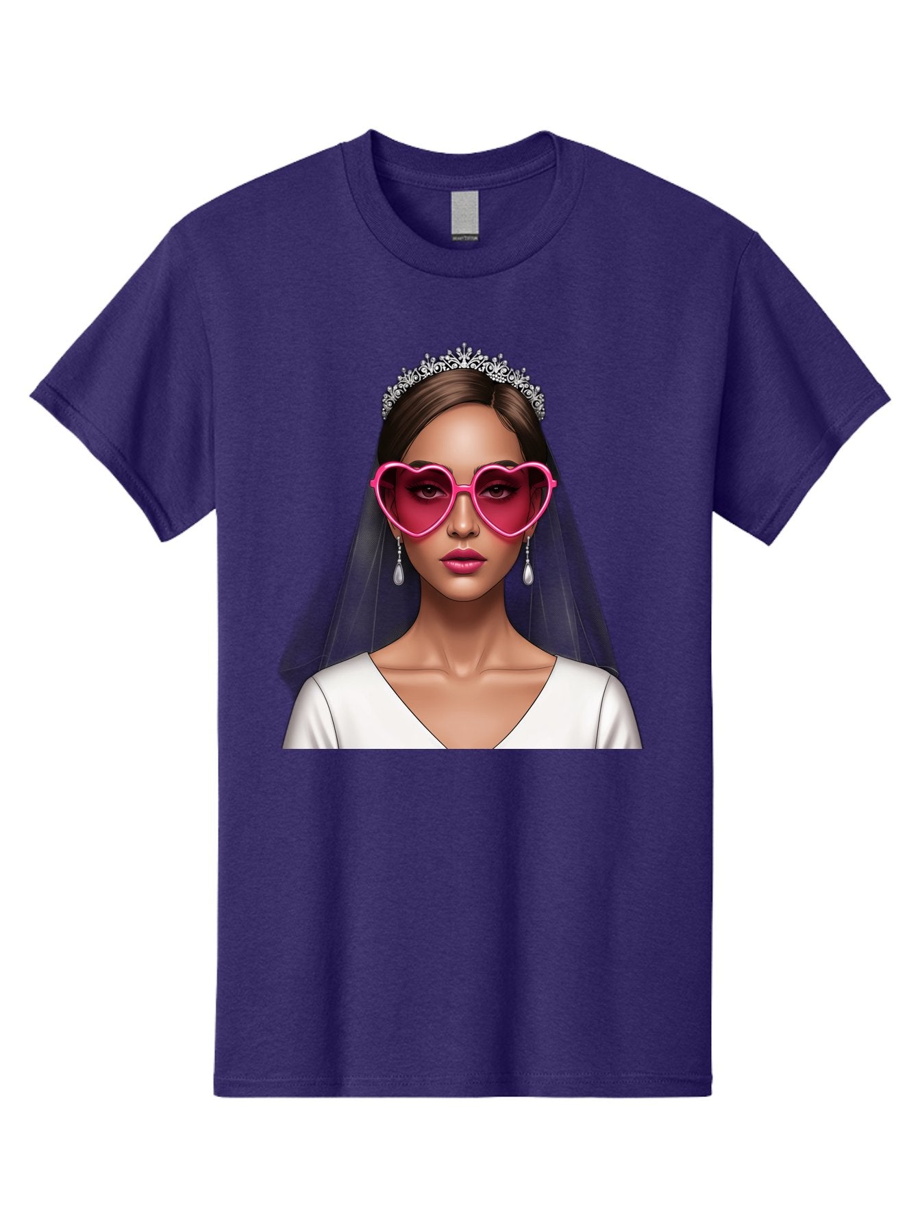 Bride-Portrait Men'S Graphic Tee, 100% Cotton, Comfortable Casual Summer Wear, Machine Washable, Bride Wearing Heart-Shaped Sunglasses, Tiara, White Dress, Wedding Veil, Dangle Earrings, Pink Lips, Fashionable Bride, Stylish Sunglasses, Baa226 11