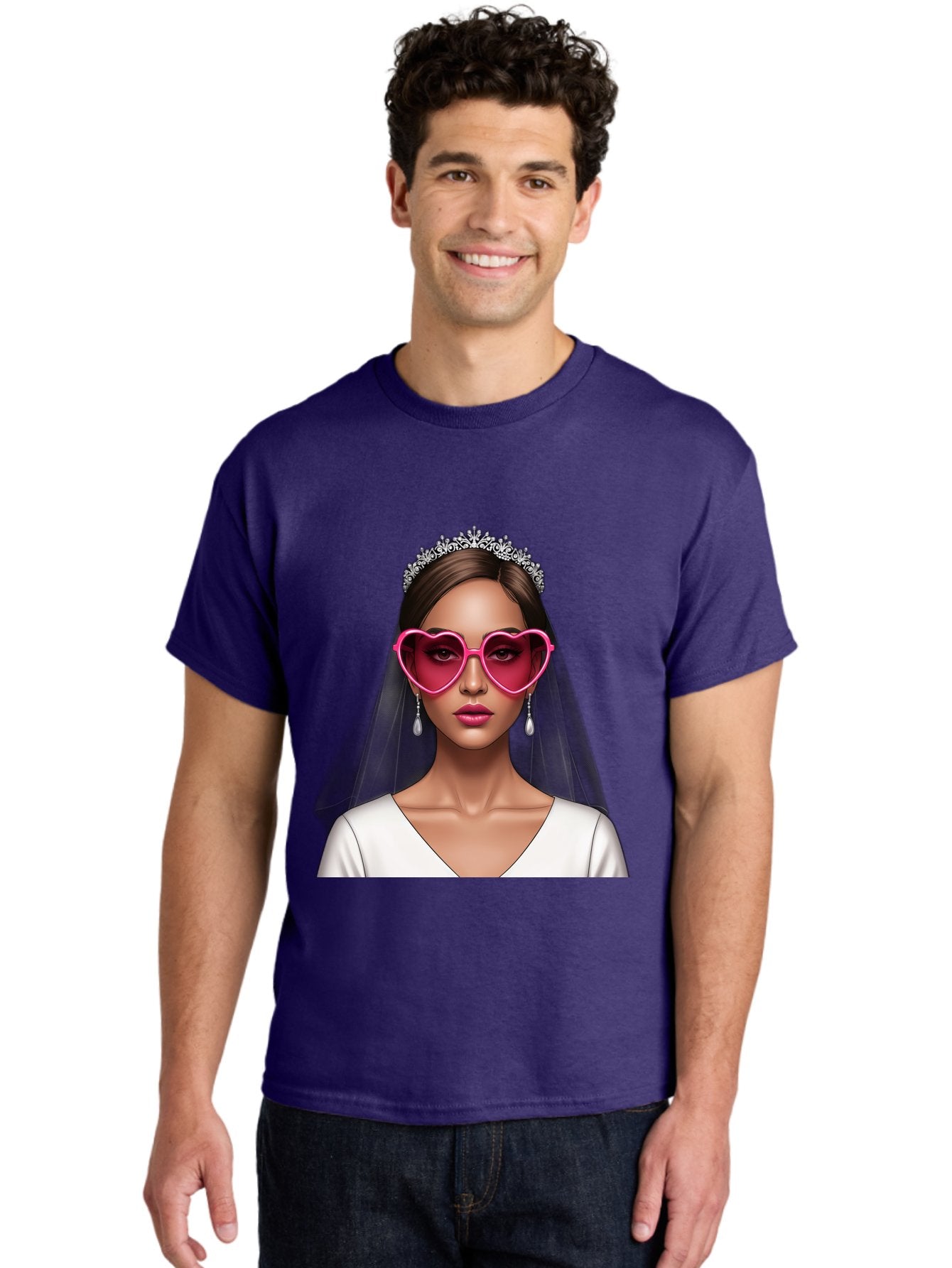 Bride-Portrait Men'S Graphic Tee, 100% Cotton, Comfortable Casual Summer Wear, Machine Washable, Bride Wearing Heart-Shaped Sunglasses, Tiara, White Dress, Wedding Veil, Dangle Earrings, Pink Lips, Fashionable Bride, Stylish Sunglasses, Baa226 27