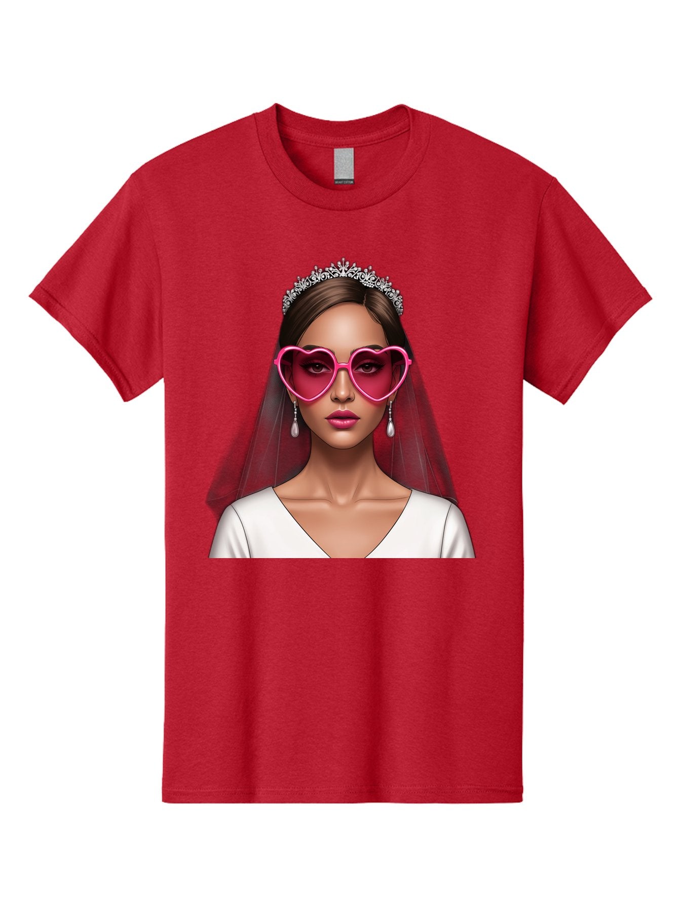 Bride-Portrait Men'S Graphic Tee, 100% Cotton, Comfortable Casual Summer Wear, Machine Washable, Bride Wearing Heart-Shaped Sunglasses, Tiara, White Dress, Wedding Veil, Dangle Earrings, Pink Lips, Fashionable Bride, Stylish Sunglasses, Baa226 15