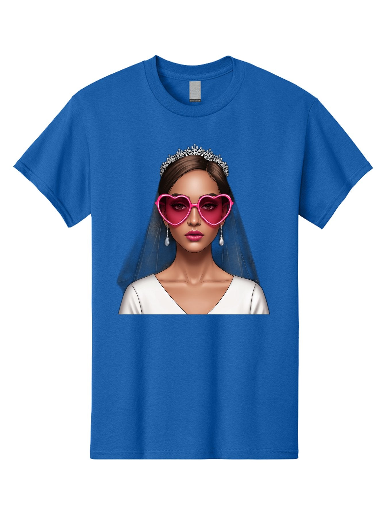 Bride-Portrait Men'S Graphic Tee, 100% Cotton, Comfortable Casual Summer Wear, Machine Washable, Bride Wearing Heart-Shaped Sunglasses, Tiara, White Dress, Wedding Veil, Dangle Earrings, Pink Lips, Fashionable Bride, Stylish Sunglasses, Baa226 5