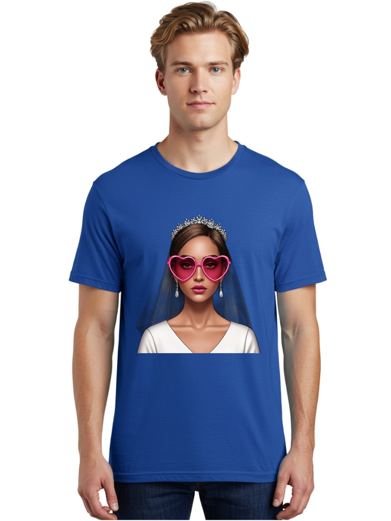 Bride-Portrait Men'S Graphic Tee, 100% Cotton, Comfortable Casual Summer Wear, Machine Washable, Bride Wearing Heart-Shaped Sunglasses, Tiara, White Dress, Wedding Veil, Dangle Earrings, Pink Lips, Fashionable Bride, Stylish Sunglasses, Baa226 23