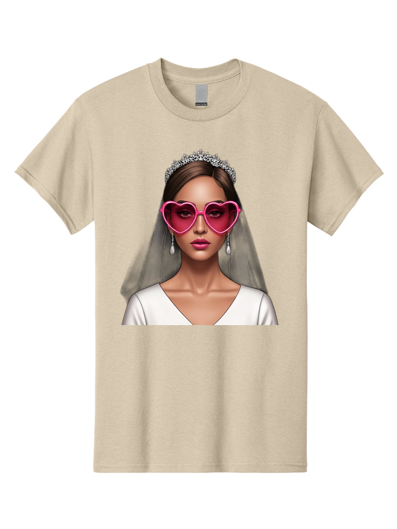 Bride-Portrait Men'S Graphic Tee, 100% Cotton, Comfortable Casual Summer Wear, Machine Washable, Bride Wearing Heart-Shaped Sunglasses, Tiara, White Dress, Wedding Veil, Dangle Earrings, Pink Lips, Fashionable Bride, Stylish Sunglasses, Baa226 3