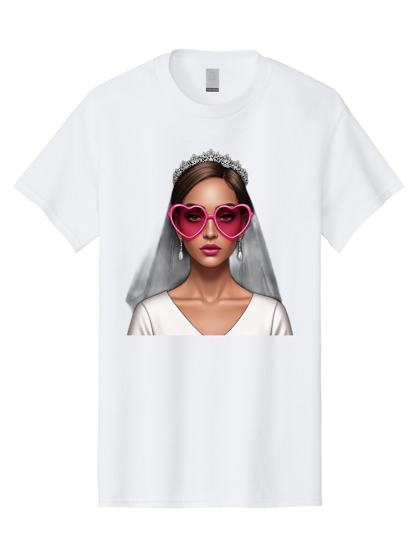Bride-Portrait Men'S Graphic Tee, 100% Cotton, Comfortable Casual Summer Wear, Machine Washable, Bride Wearing Heart-Shaped Sunglasses, Tiara, White Dress, Wedding Veil, Dangle Earrings, Pink Lips, Fashionable Bride, Stylish Sunglasses, Baa226 10